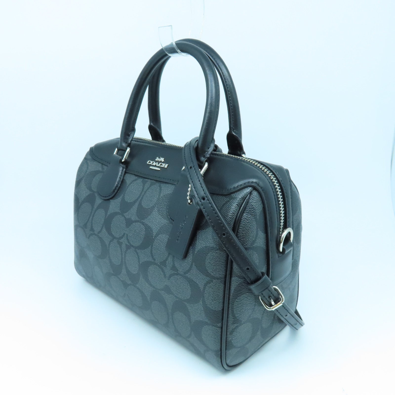 COACH 塗層帆布2 Way Shoulder Bag銀扣手挽肩背兩用袋黑色/灰色