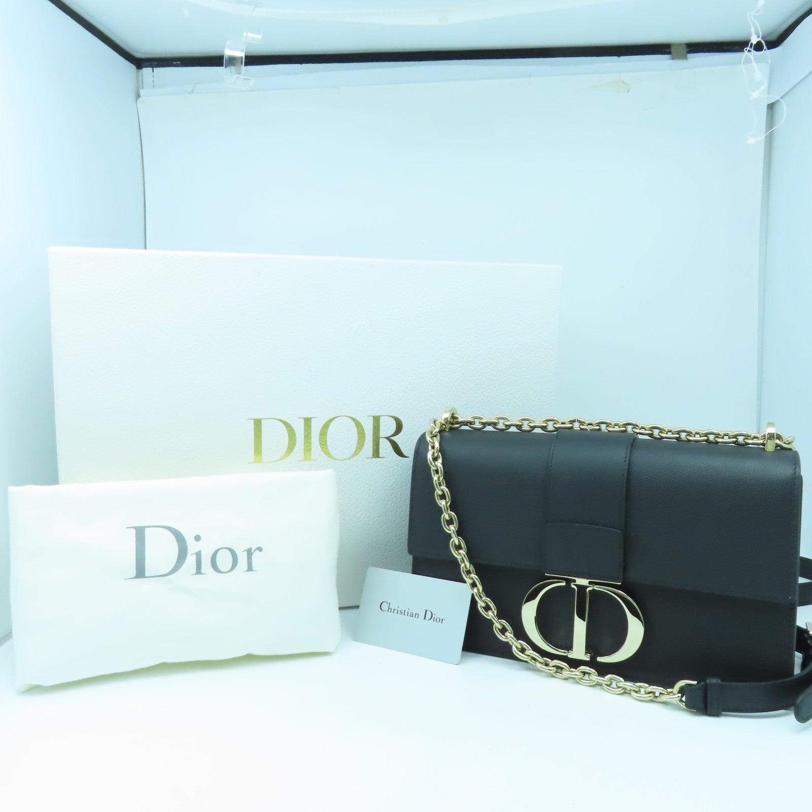 Dior 牛皮皮革30 Montaigne金扣鏈帶肩背袋黑色