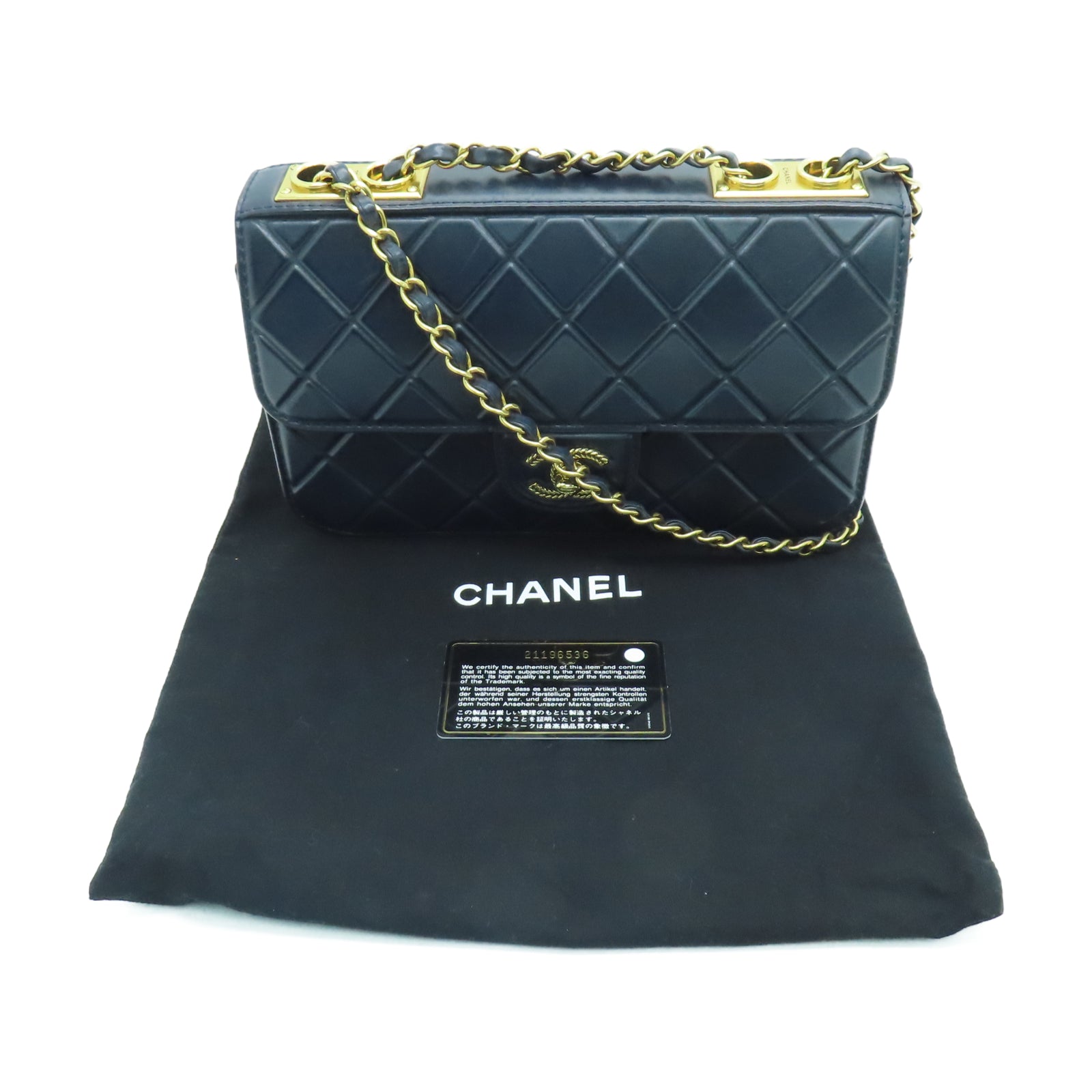 CHANEL 菱格牛皮皮革Chain Shoulder金扣鏈帶肩背袋深藍色