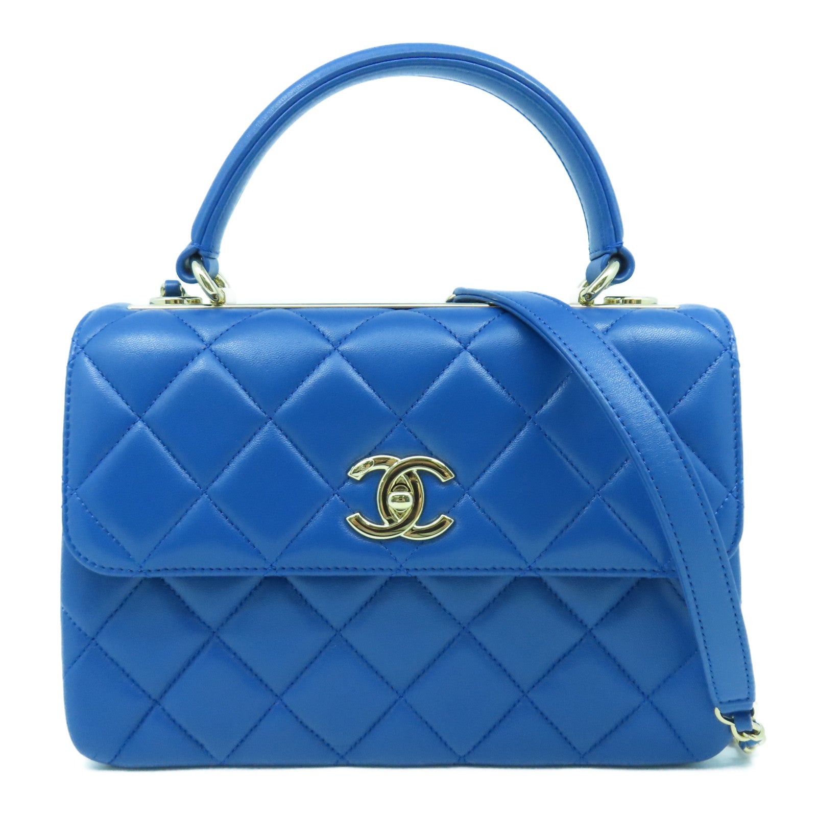 CHANEL 【激減優惠】菱格牛皮皮革Top Handle Bag銀扣手挽肩背兩用袋藍色