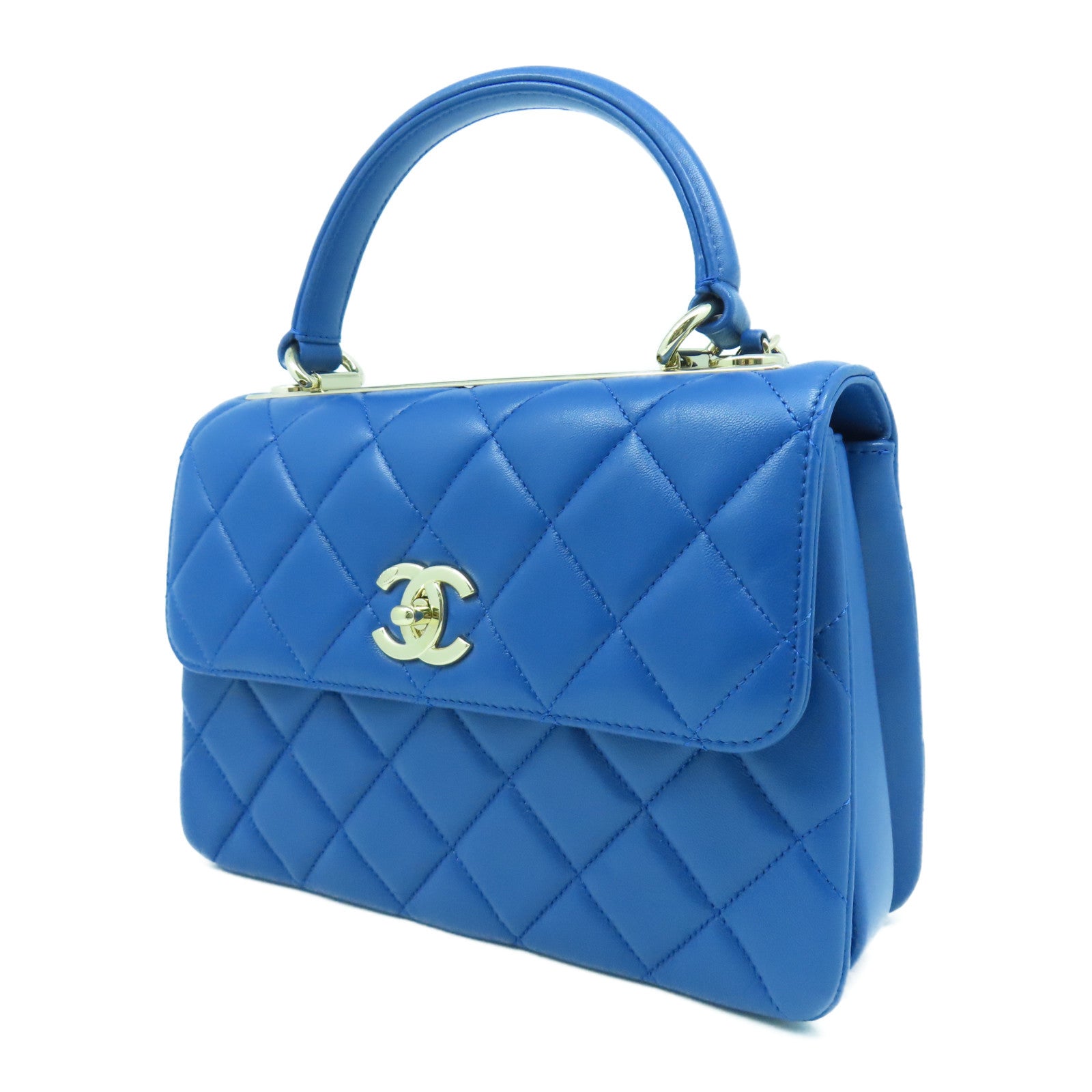 CHANEL 【激減優惠】菱格牛皮皮革Top Handle Bag銀扣手挽肩背兩用袋藍色