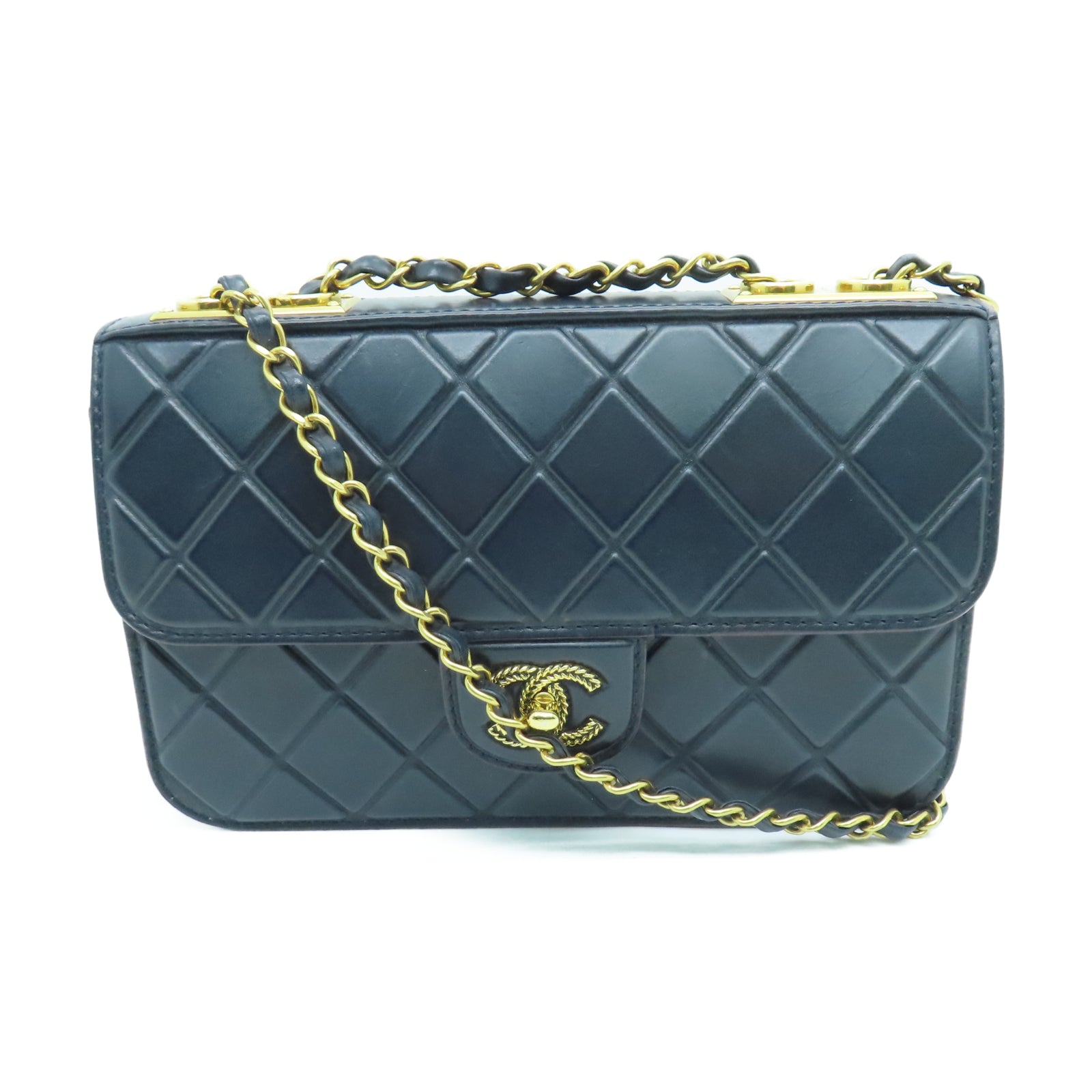 CHANEL 菱格牛皮皮革Chain Shoulder金扣鏈帶肩背袋深藍色