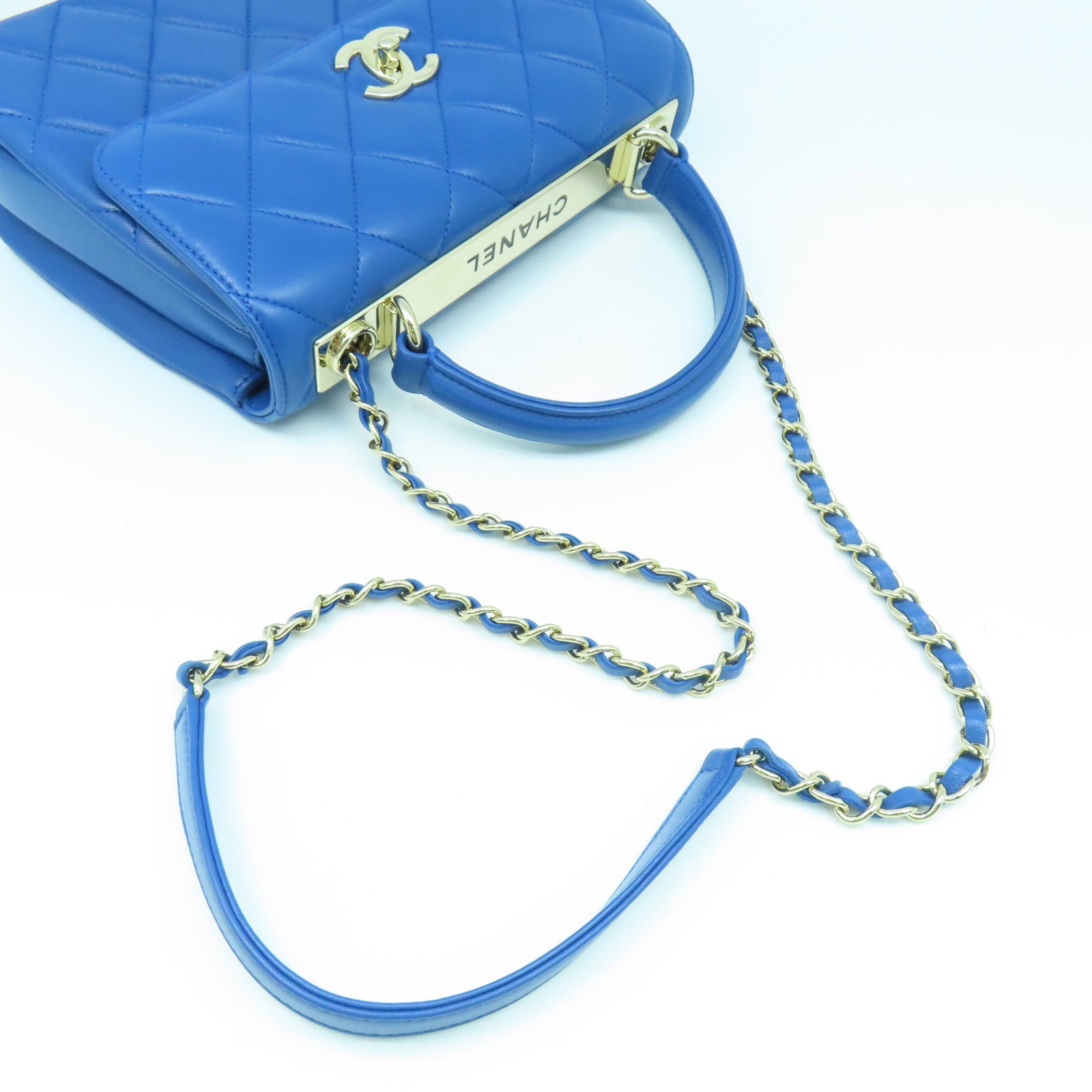 CHANEL 【激減優惠】菱格牛皮皮革Top Handle Bag銀扣手挽肩背兩用袋藍色