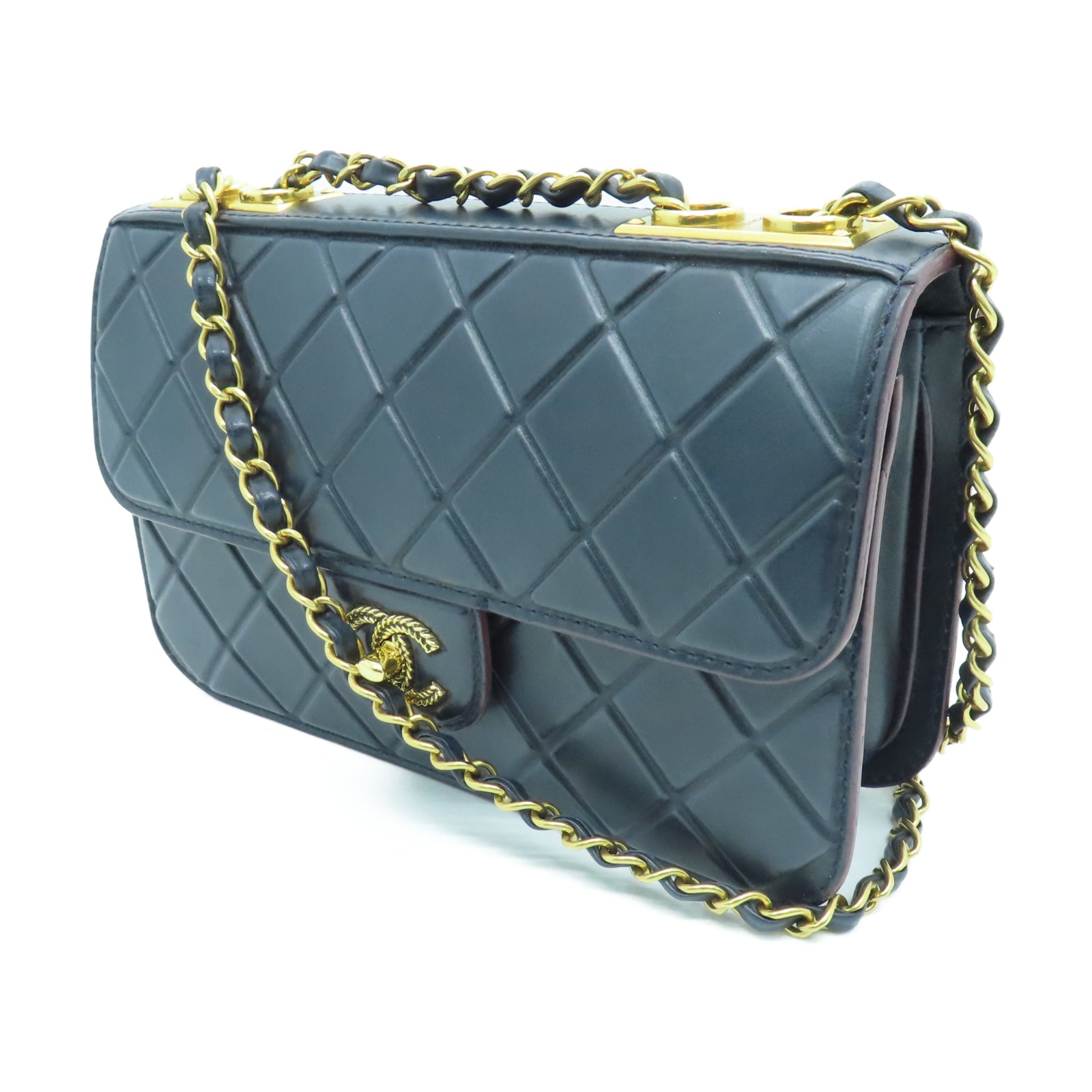 CHANEL 菱格牛皮皮革Chain Shoulder金扣鏈帶肩背袋深藍色