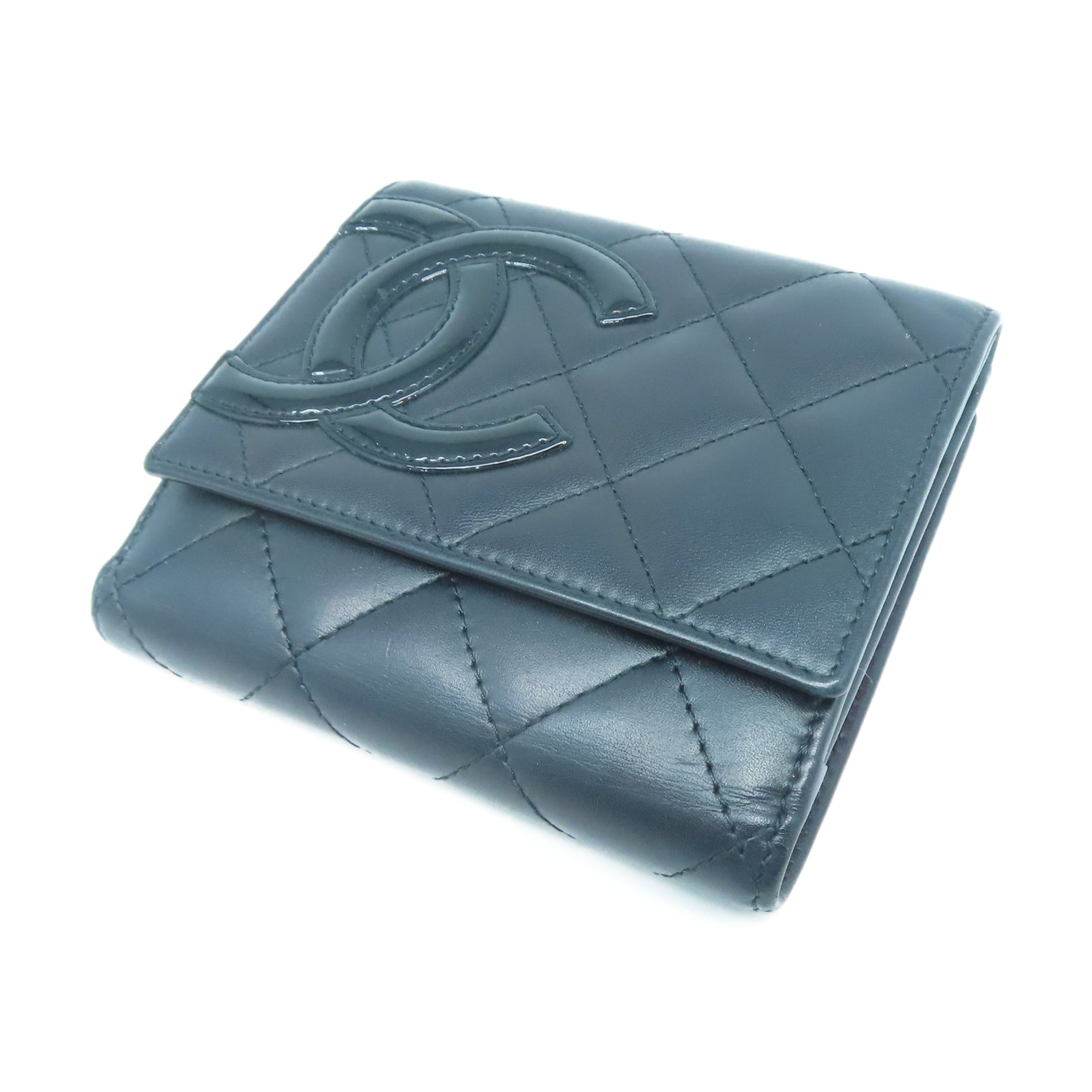 CHANEL 菱格牛皮皮革Cambon Line銀扣錢包黑色/粉紅色