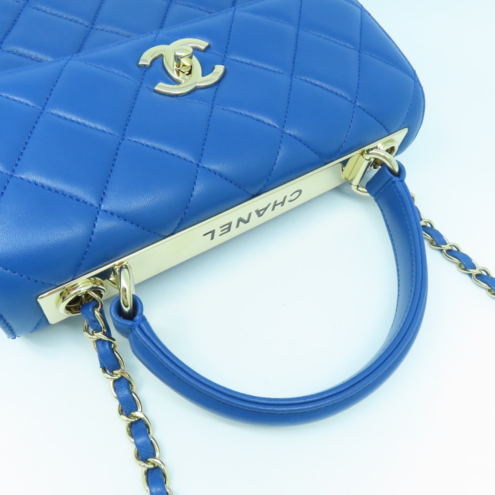 CHANEL 【激減優惠】菱格牛皮皮革Top Handle Bag銀扣手挽肩背兩用袋藍色