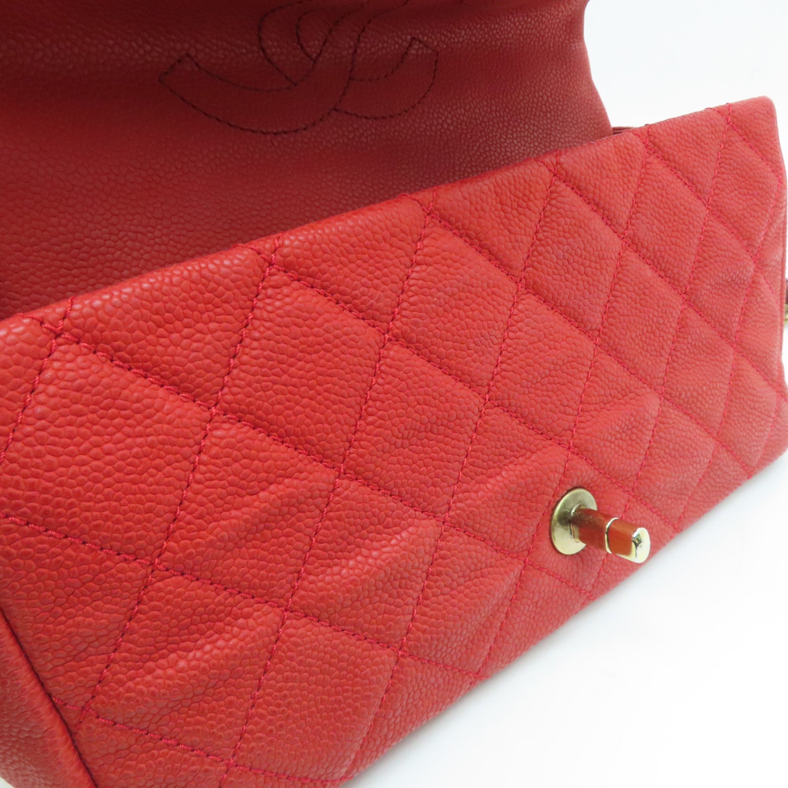 CHANEL 【激减优惠】菱格Caviar皮革Chain Shoulder Bag金扣肩背袋红色