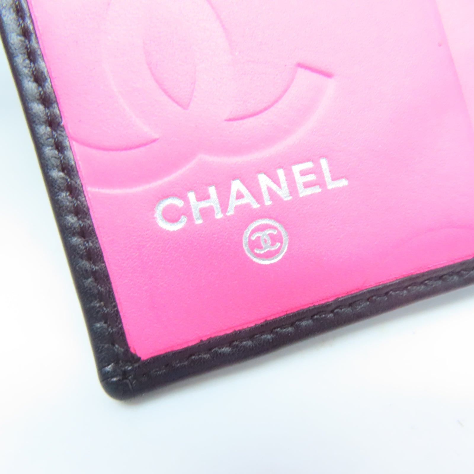 CHANEL 菱格牛皮皮革Cambon Line銀扣錢包黑色/粉紅色