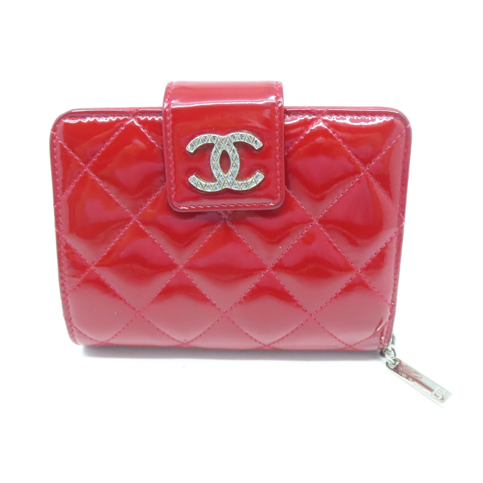 CHANEL 【激減優惠】菱格漆皮皮革Wallet銀扣錢包紅色
