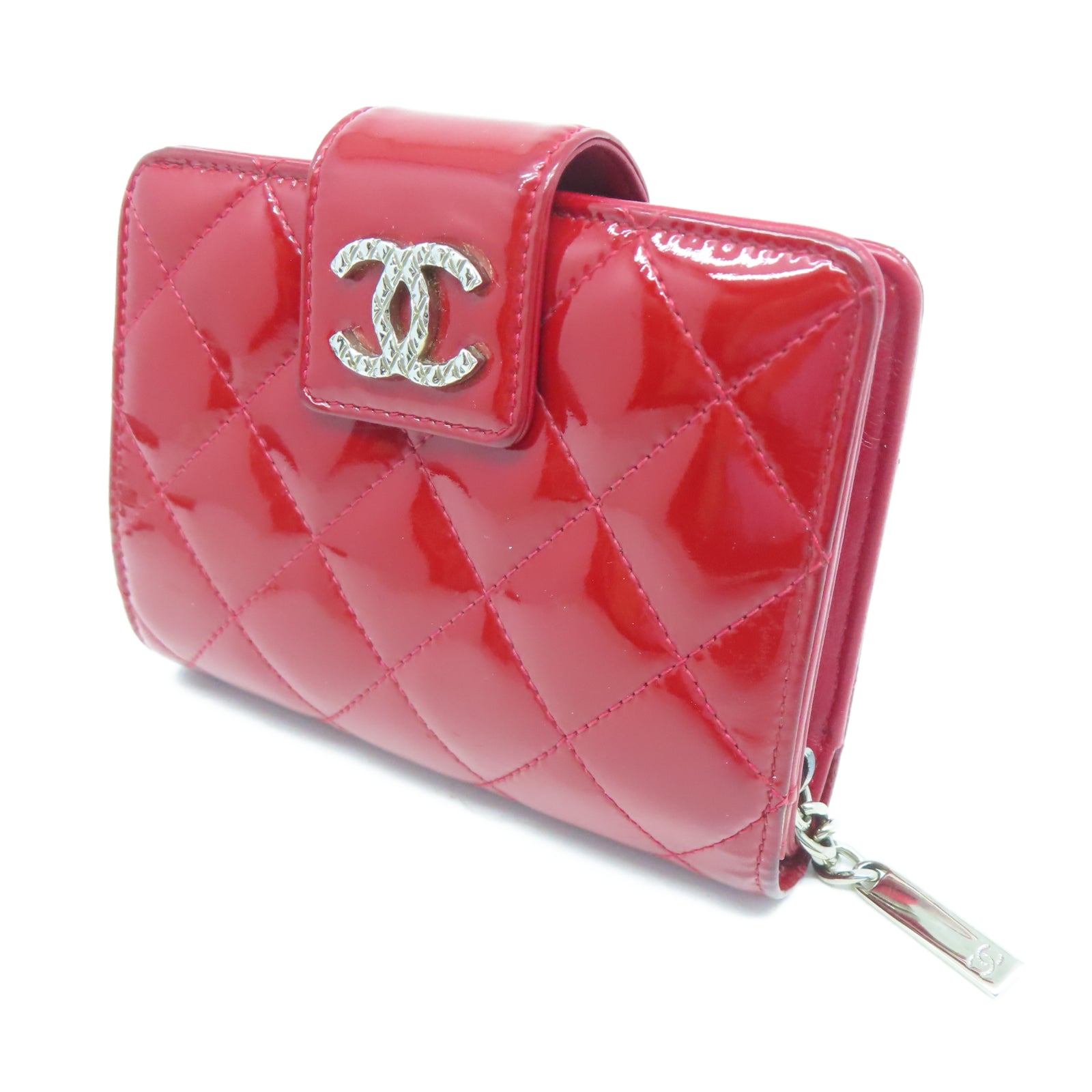 CHANEL 【激減優惠】菱格漆皮皮革Wallet銀扣錢包紅色