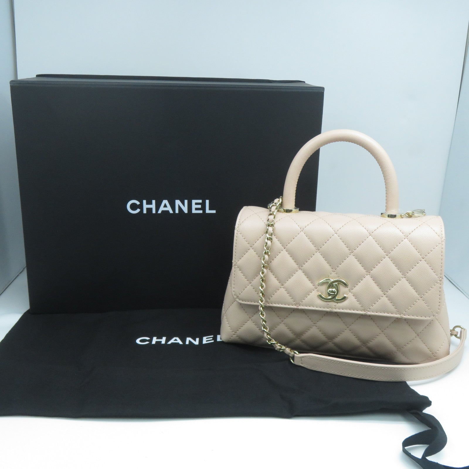 CHANEL 菱格Caviar皮革Coco Handle金扣鏈帶肩背袋粉紅色