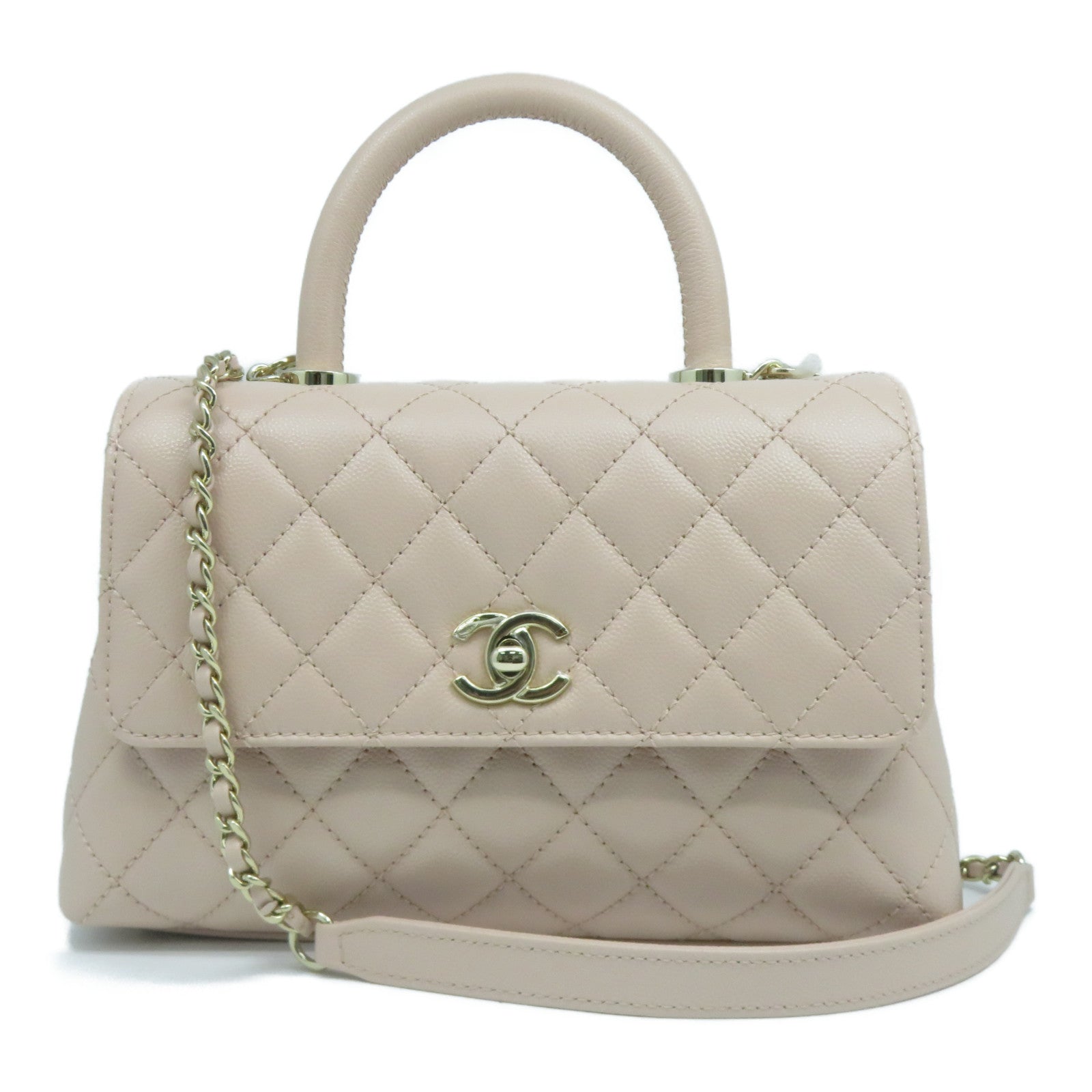 CHANEL 菱格Caviar皮革Coco Handle金扣鏈帶肩背袋粉紅色
