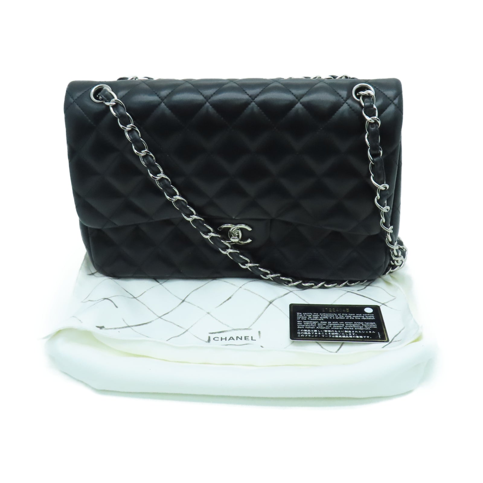 CHANEL 菱格羊皮皮革Chain Shoulder银扣链带肩背袋黑色