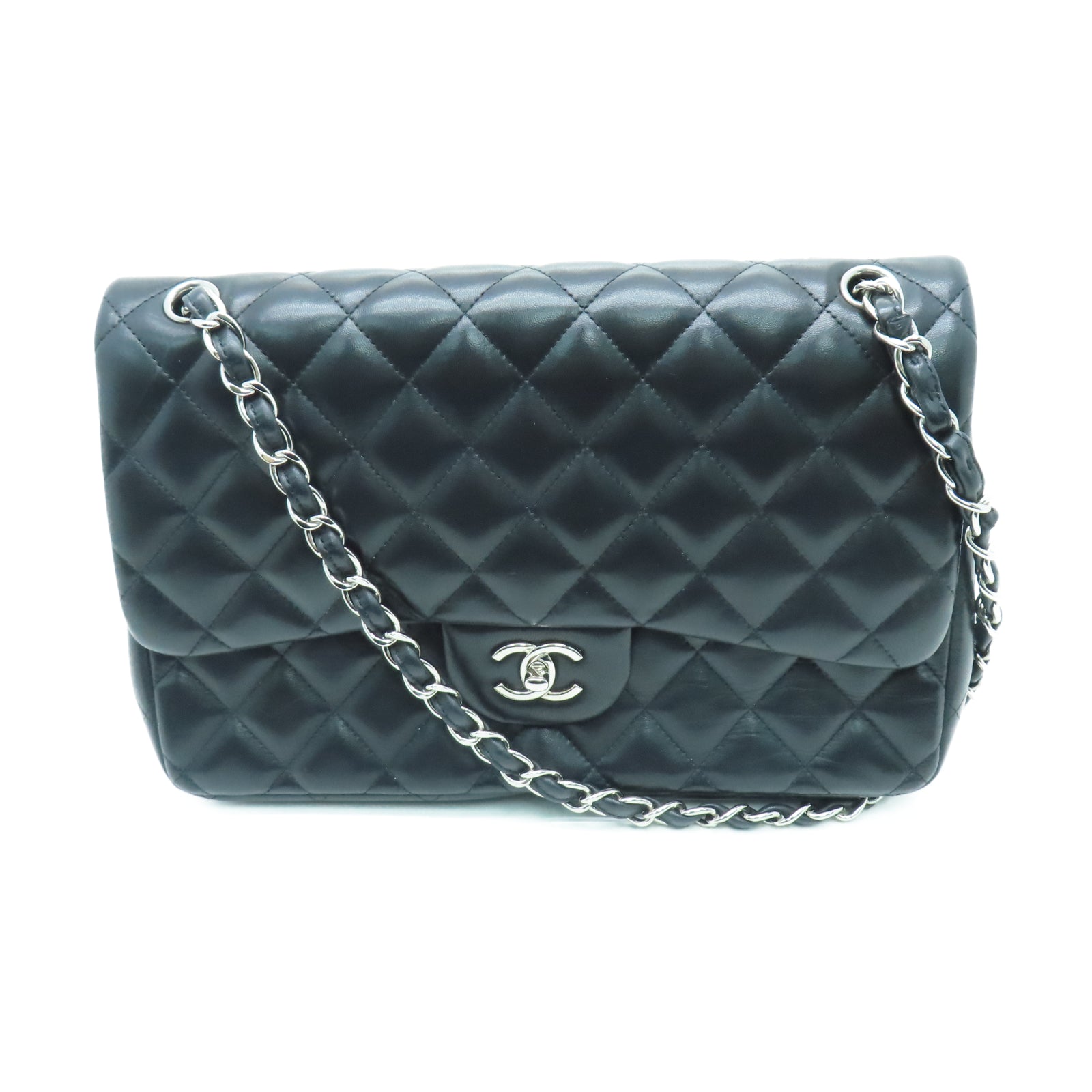 CHANEL 菱格羊皮皮革Chain Shoulder银扣链带肩背袋黑色