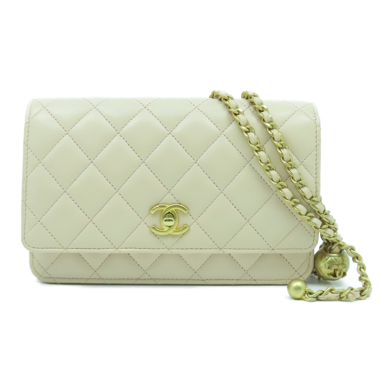 CHANEL 菱格牛皮皮革Chain Shoulder Bag金扣鏈帶肩背袋米色