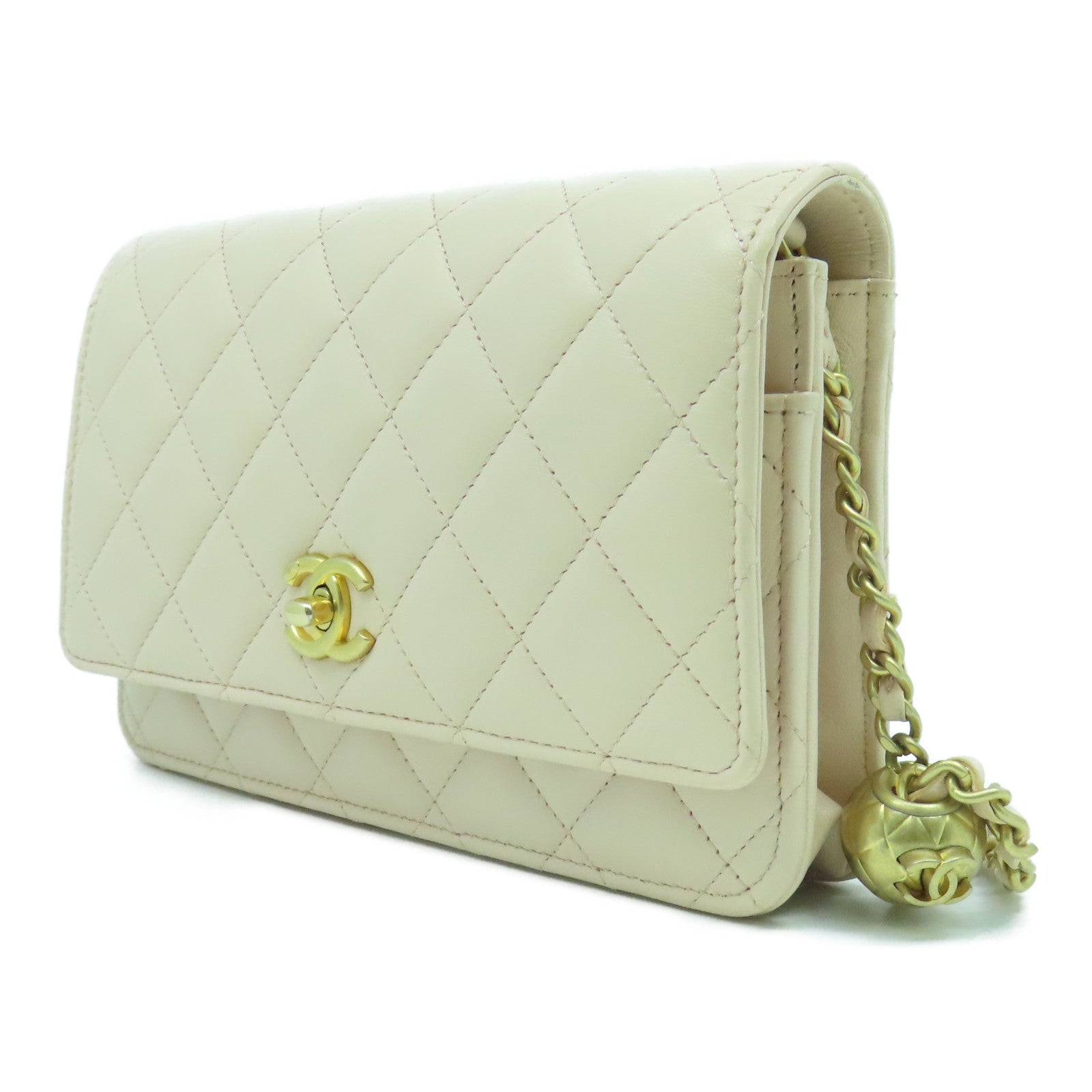 CHANEL 菱格牛皮皮革Chain Shoulder Bag金扣鏈帶肩背袋米色