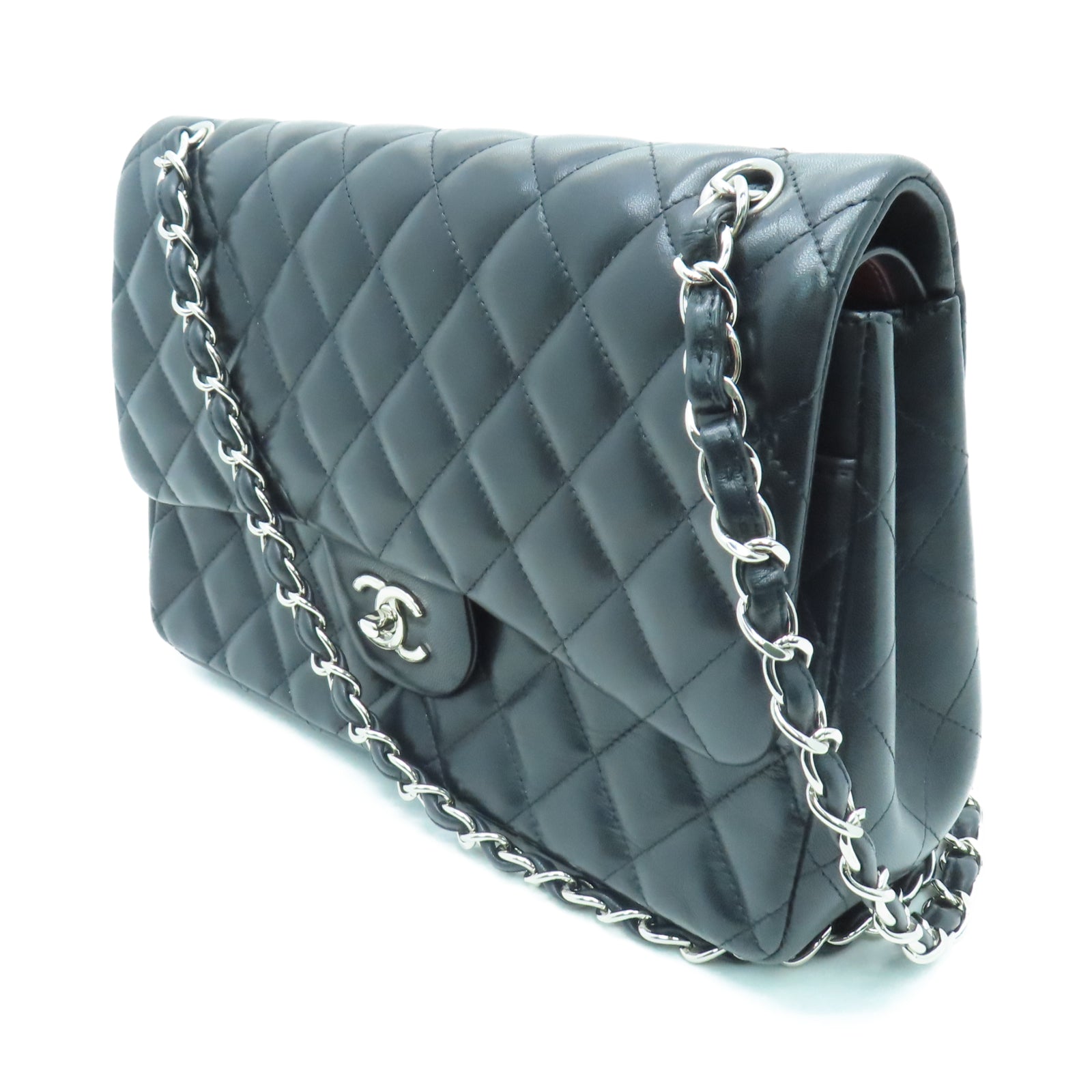 CHANEL 菱格羊皮皮革Chain Shoulder银扣链带肩背袋黑色