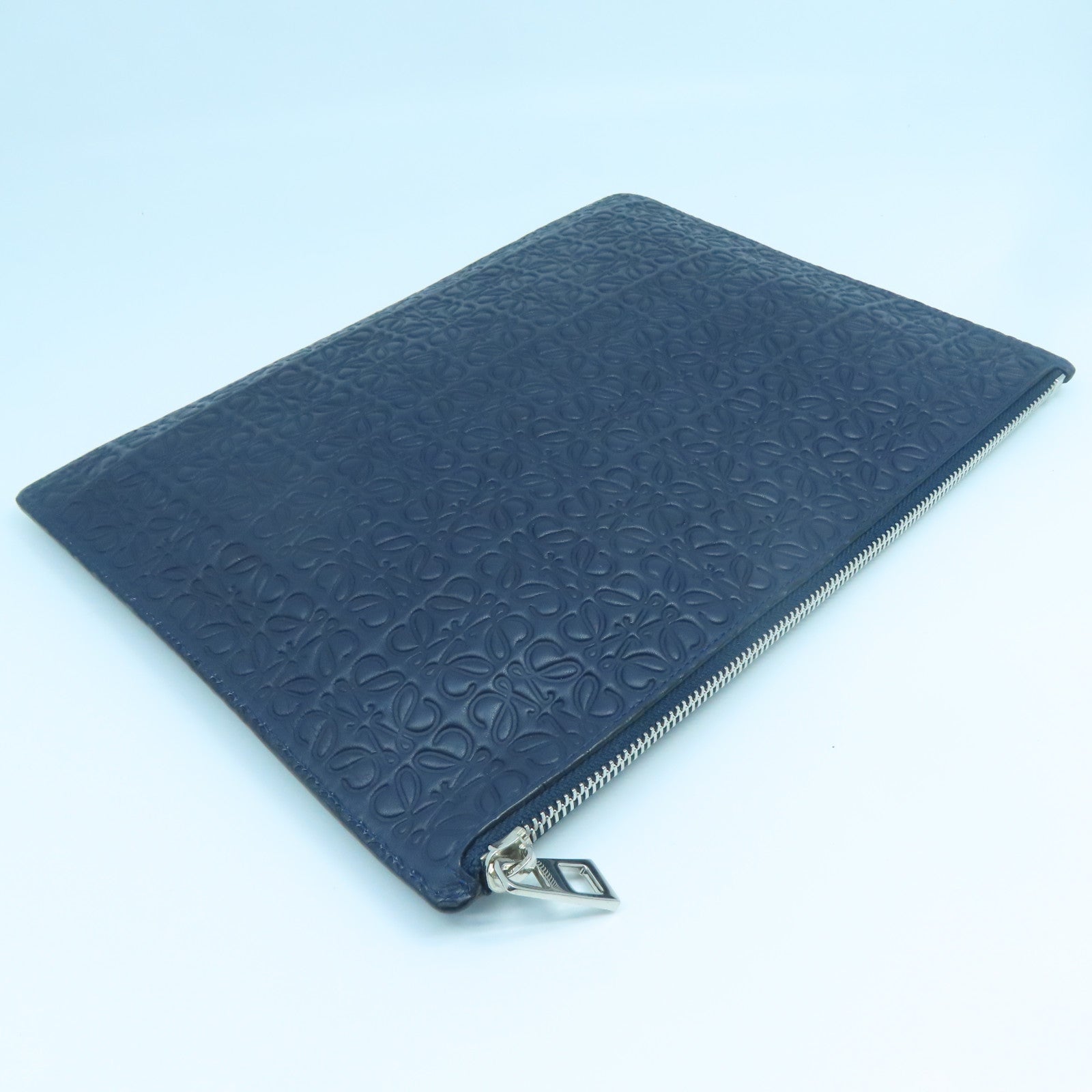 LOEWE Cowhide Leather Pouch Silver Buckle Clutch Blue