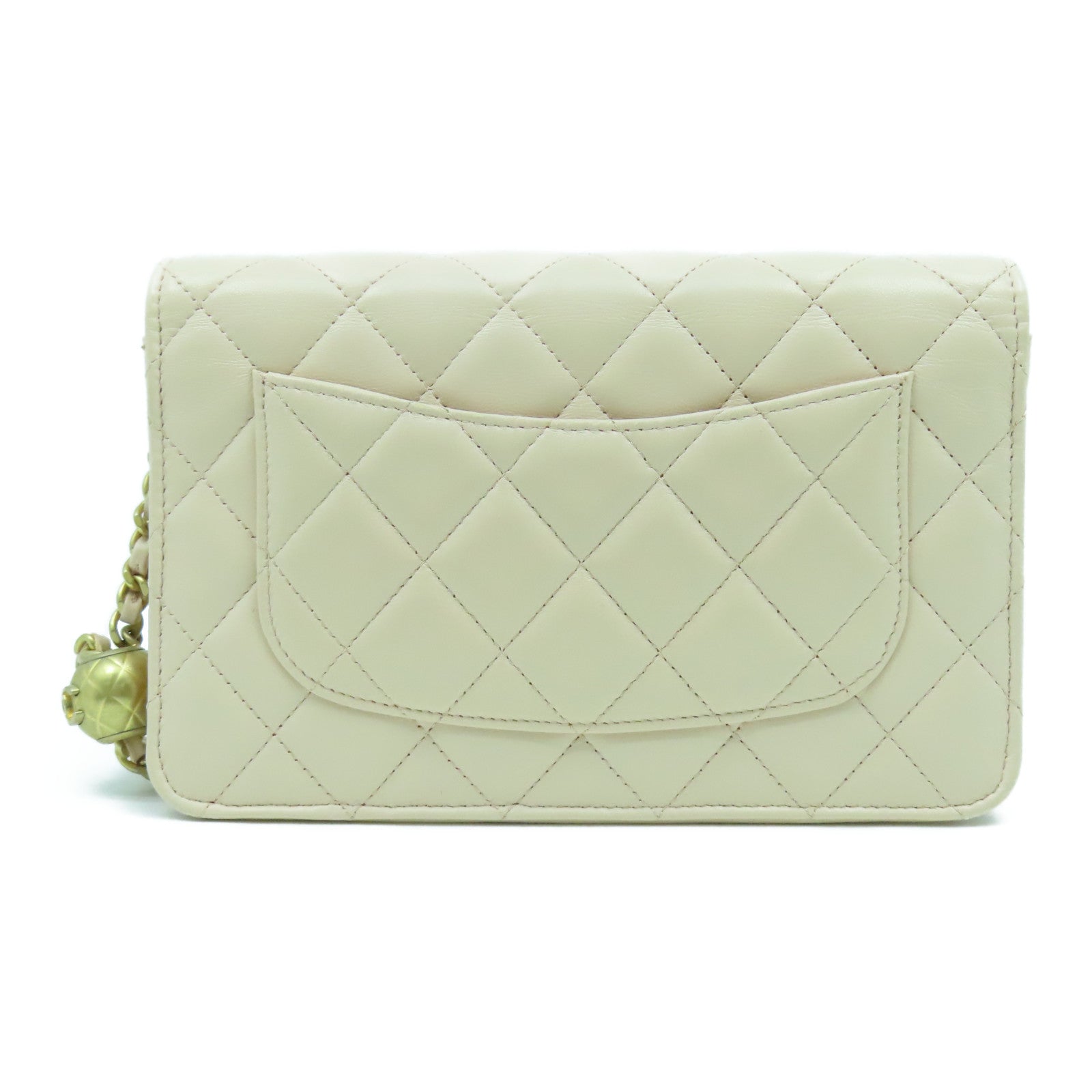 CHANEL 菱格牛皮皮革Chain Shoulder Bag金扣鏈帶肩背袋米色