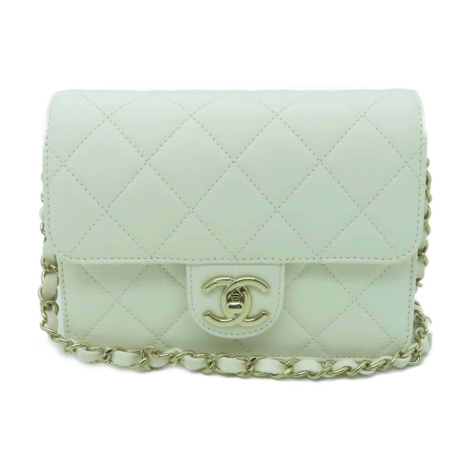 CHANEL 菱格Caviar皮革Mini Flap金扣鏈帶肩背袋白色
