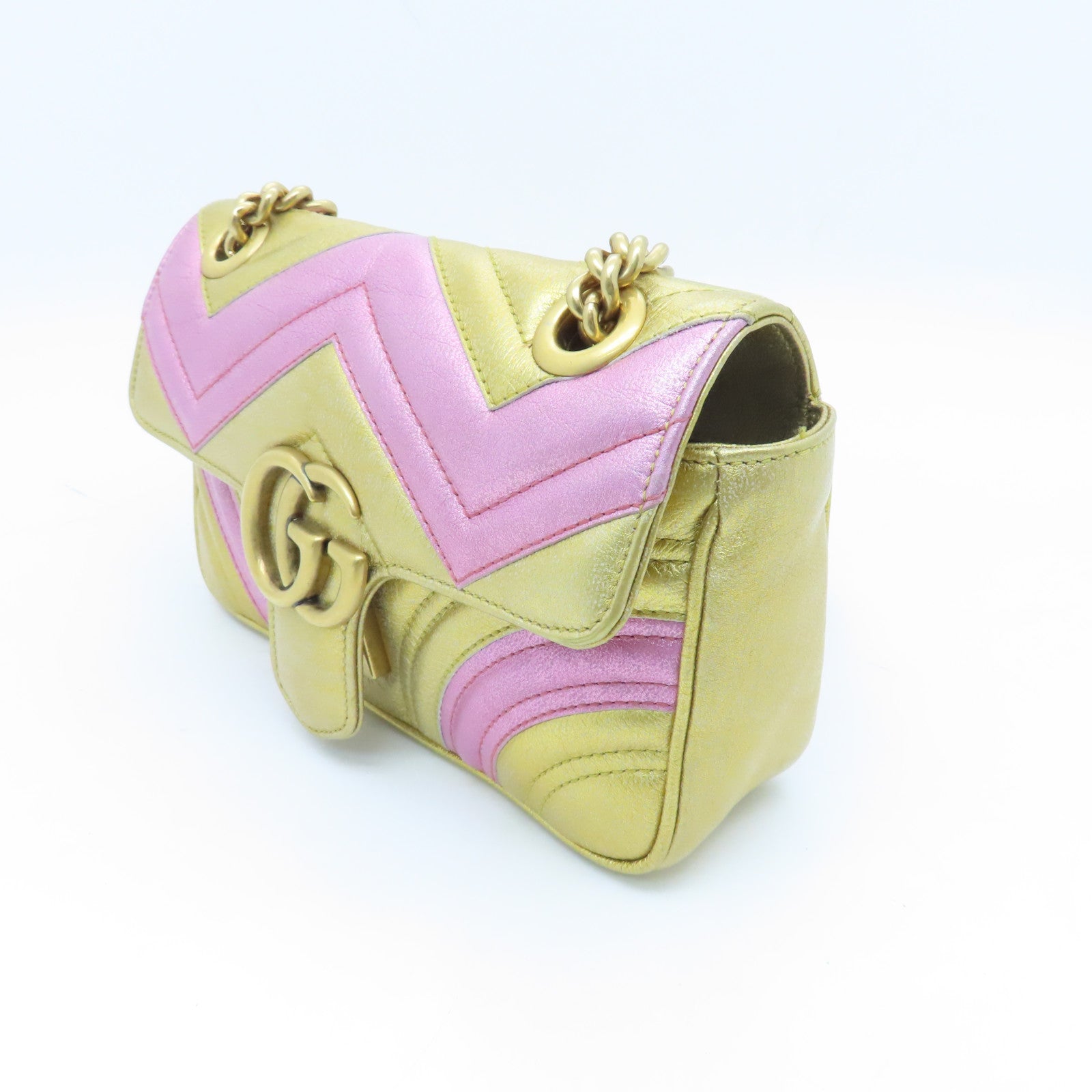 GUCCI cowhide leather GG Marmont gold buckle chain shoulder bag gold pink