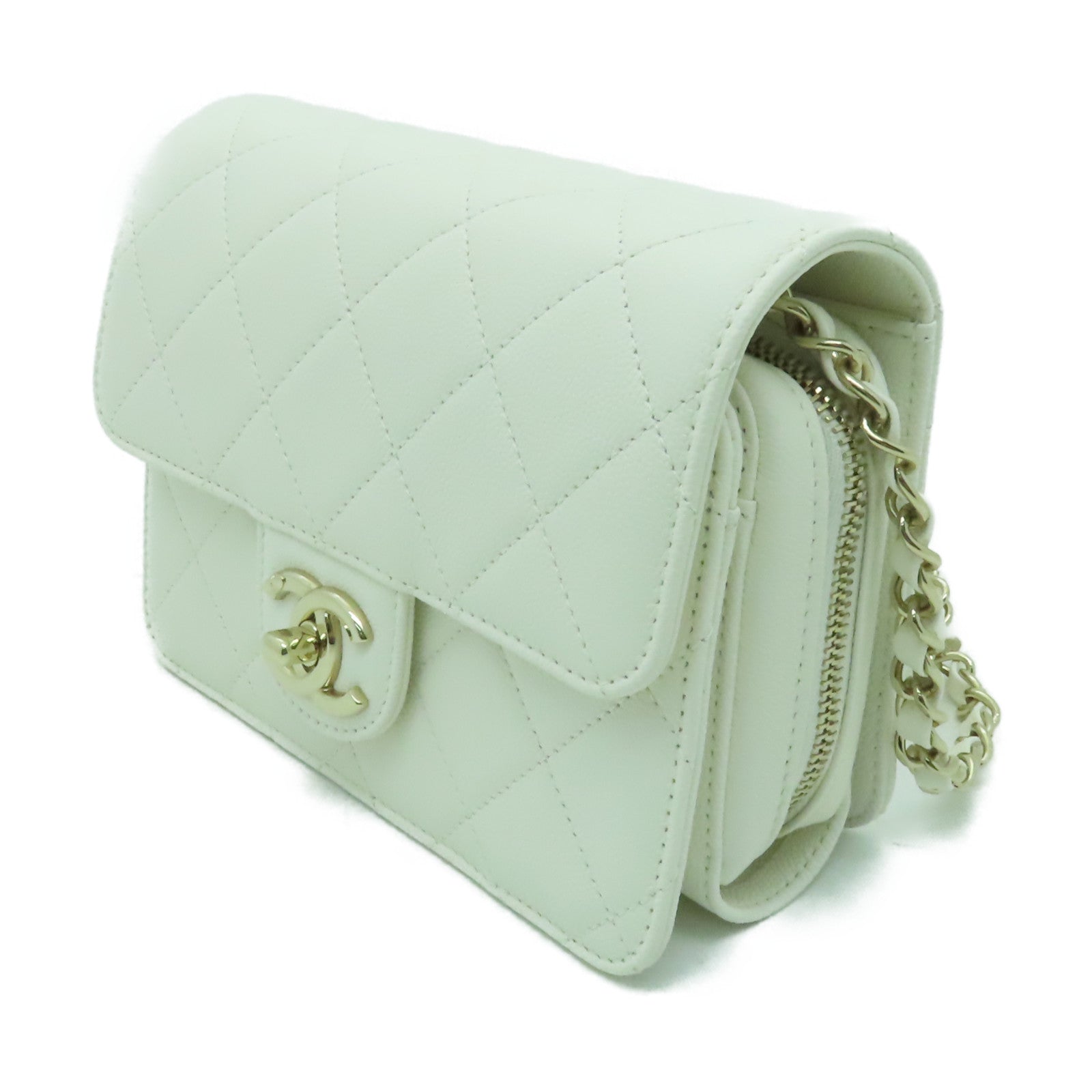 CHANEL 菱格Caviar皮革Mini Flap金扣鏈帶肩背袋白色
