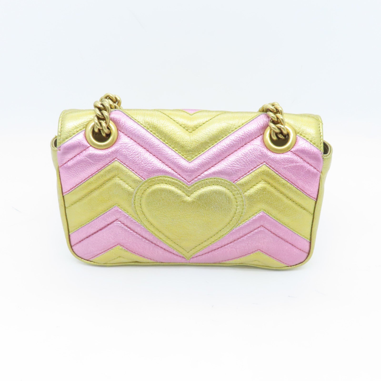 GUCCI cowhide leather GG Marmont gold buckle chain shoulder bag gold pink