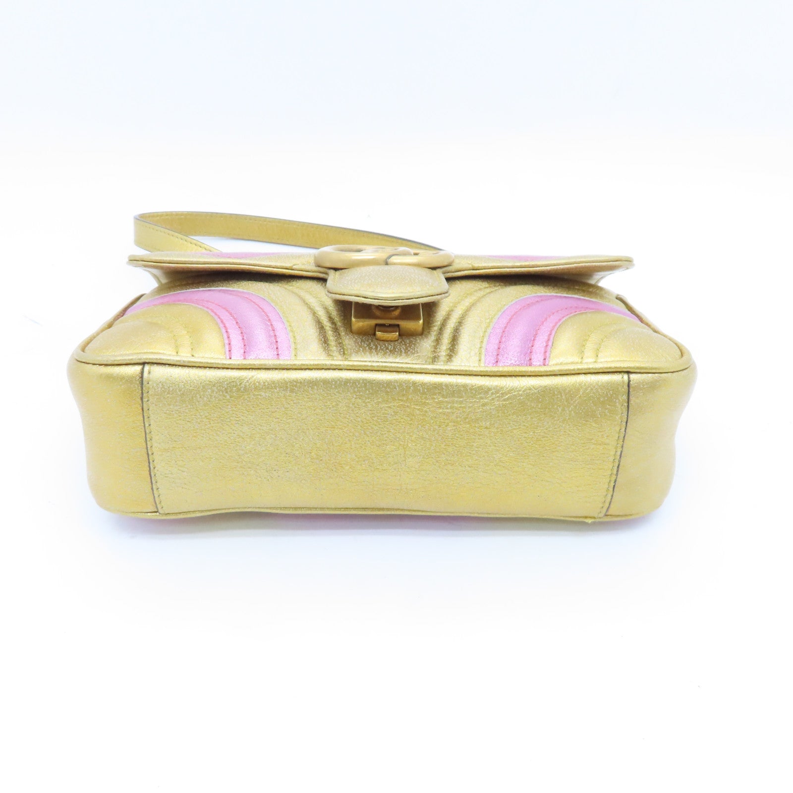 GUCCI cowhide leather GG Marmont gold buckle chain shoulder bag gold pink