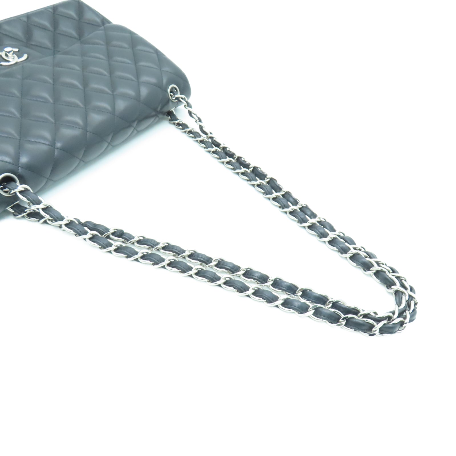 CHANEL 菱格羊皮皮革Chain Shoulder银扣链带肩背袋黑色