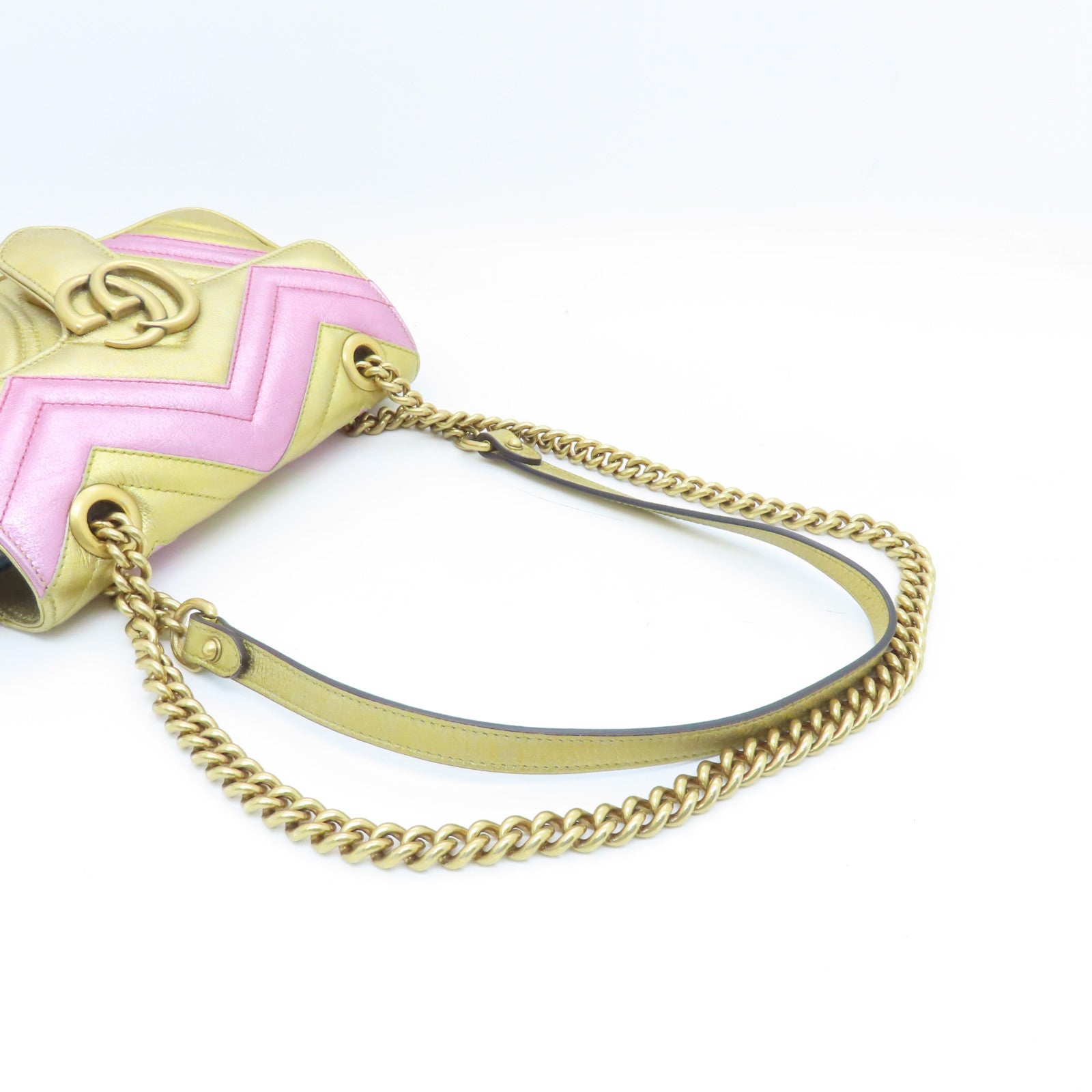 GUCCI cowhide leather GG Marmont gold buckle chain shoulder bag gold pink