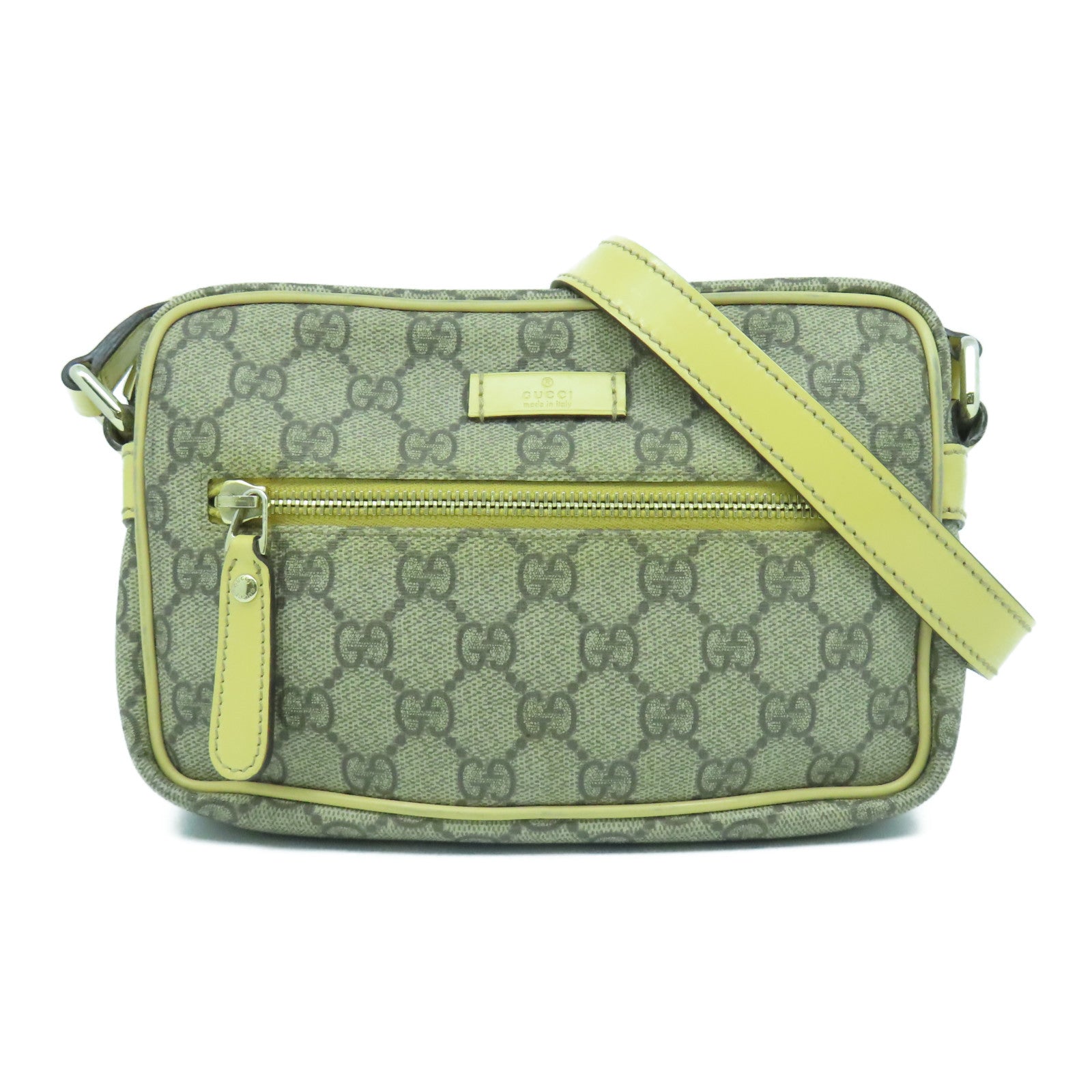GUCCI 塗層帆布/皮革Shoulder Bag銀扣肩背袋米色/啡色