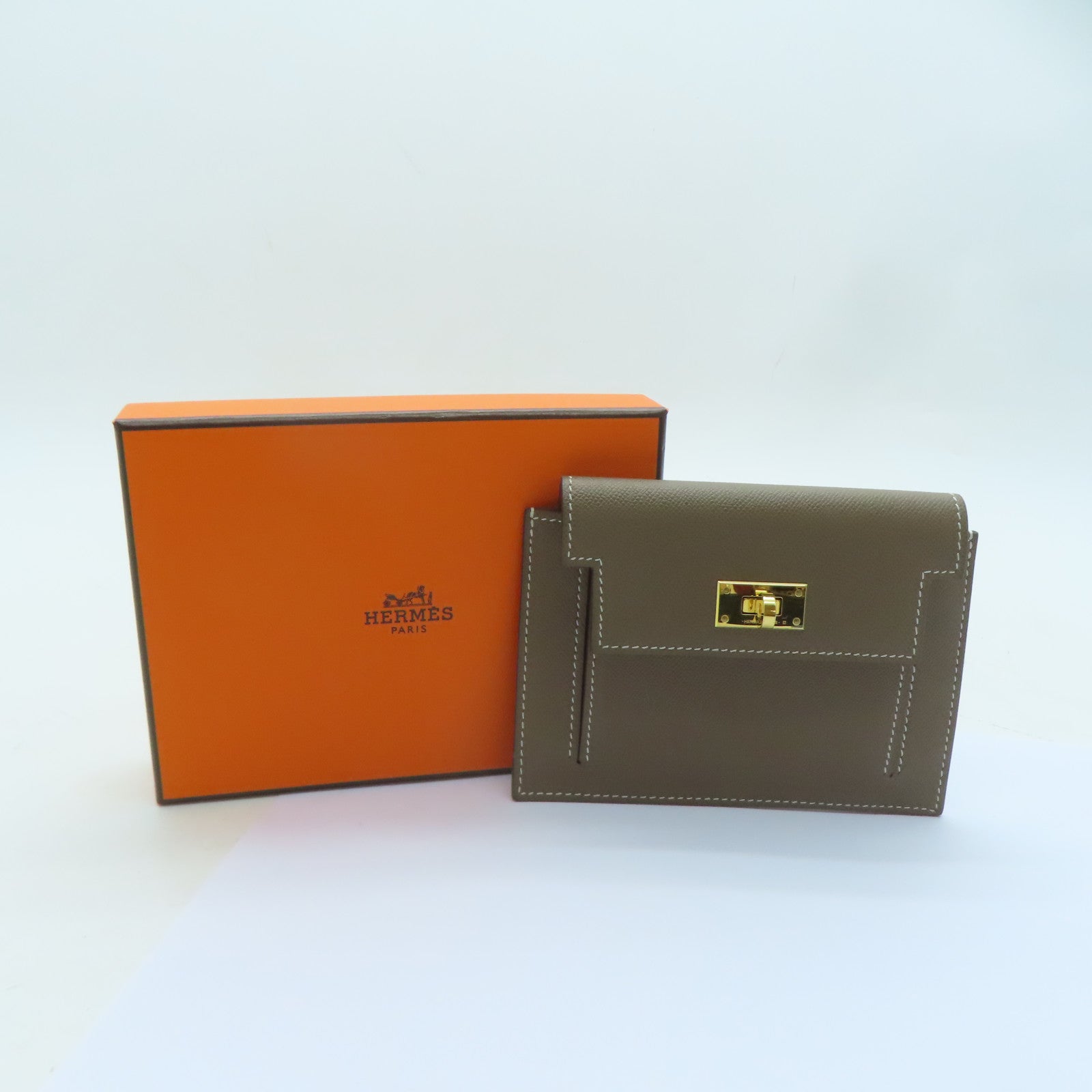 HERMES Epsom皮革Kelly Pocket金扣卡片套Etoupe大象灰色