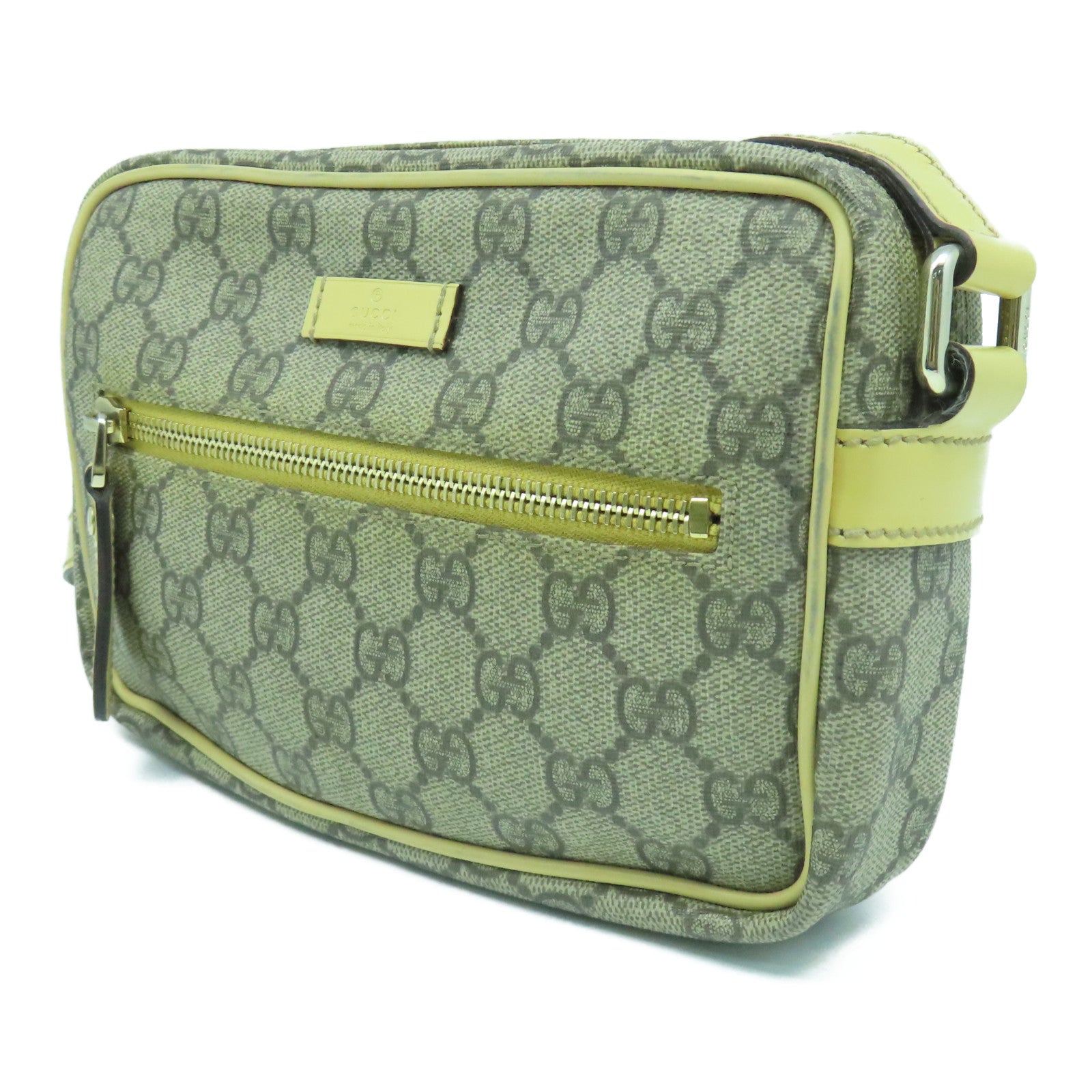GUCCI 塗層帆布/皮革Shoulder Bag銀扣肩背袋米色/啡色