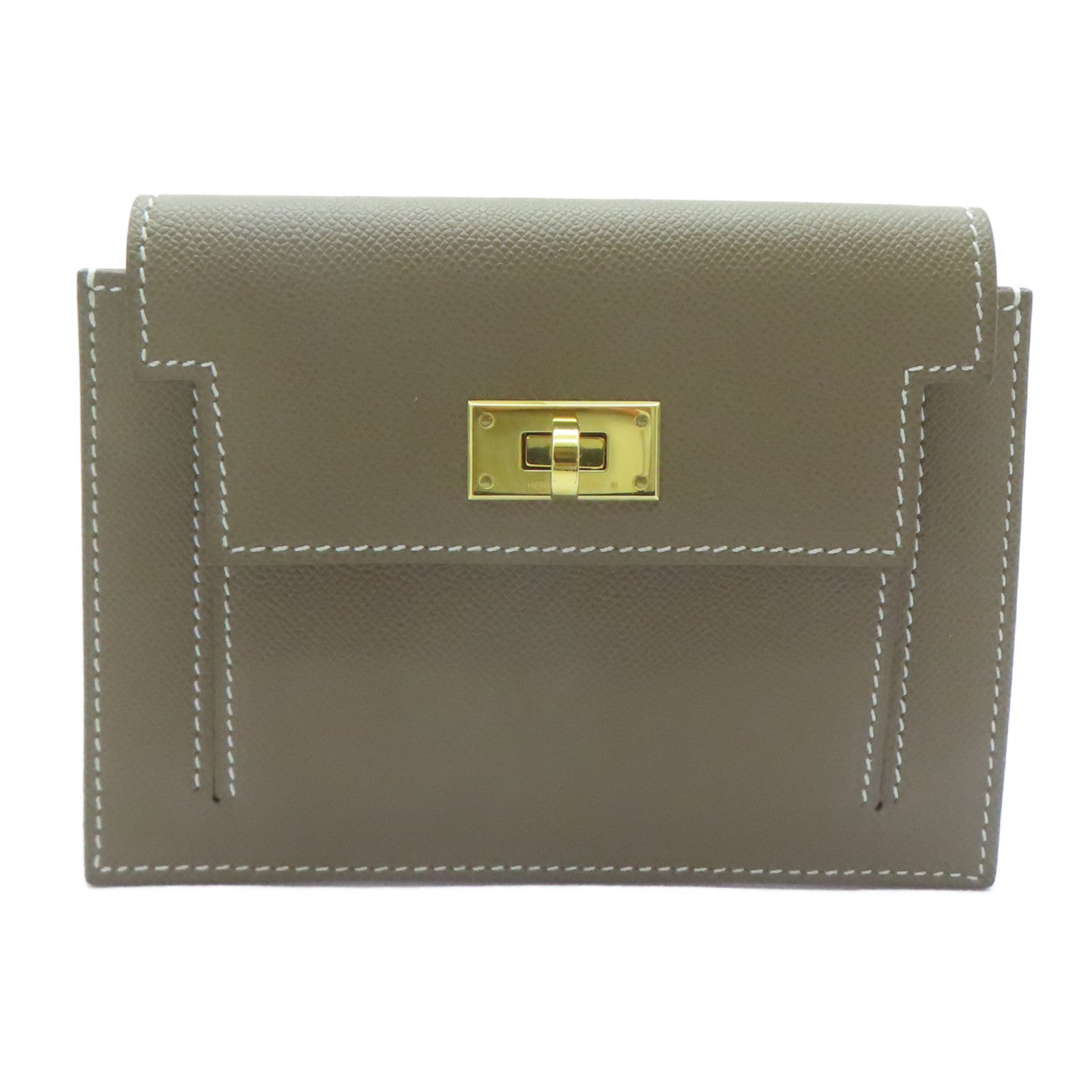 HERMES Epsom皮革Kelly Pocket金扣卡片套Etoupe大象灰色