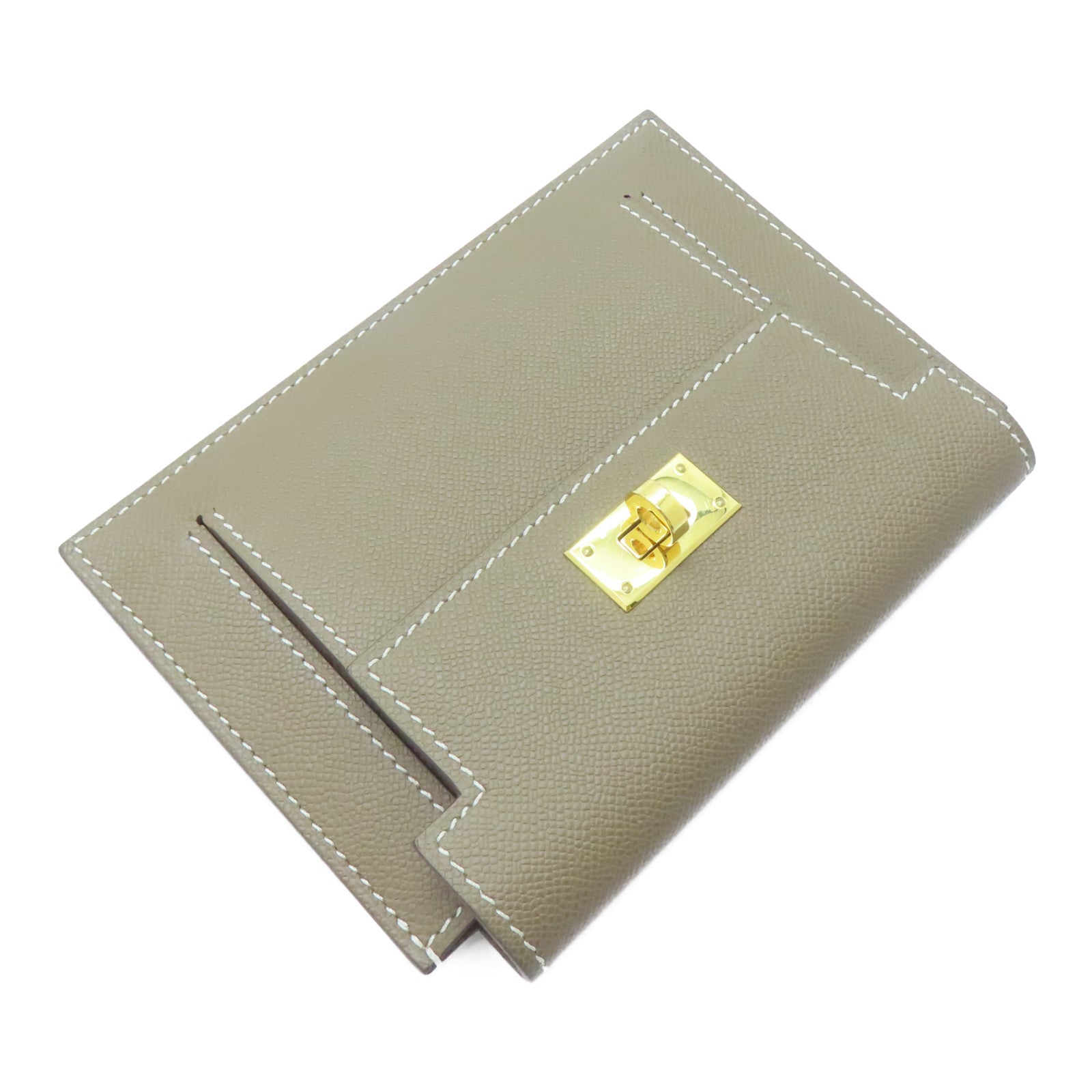 HERMES Epsom皮革Kelly Pocket金扣卡片套Etoupe大象灰色