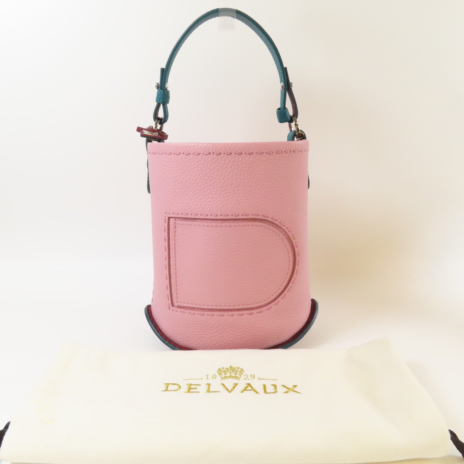 Delvaux Taurillon皮革Pin Mini Bucket銀扣手挽袋粉紅色/綠色
