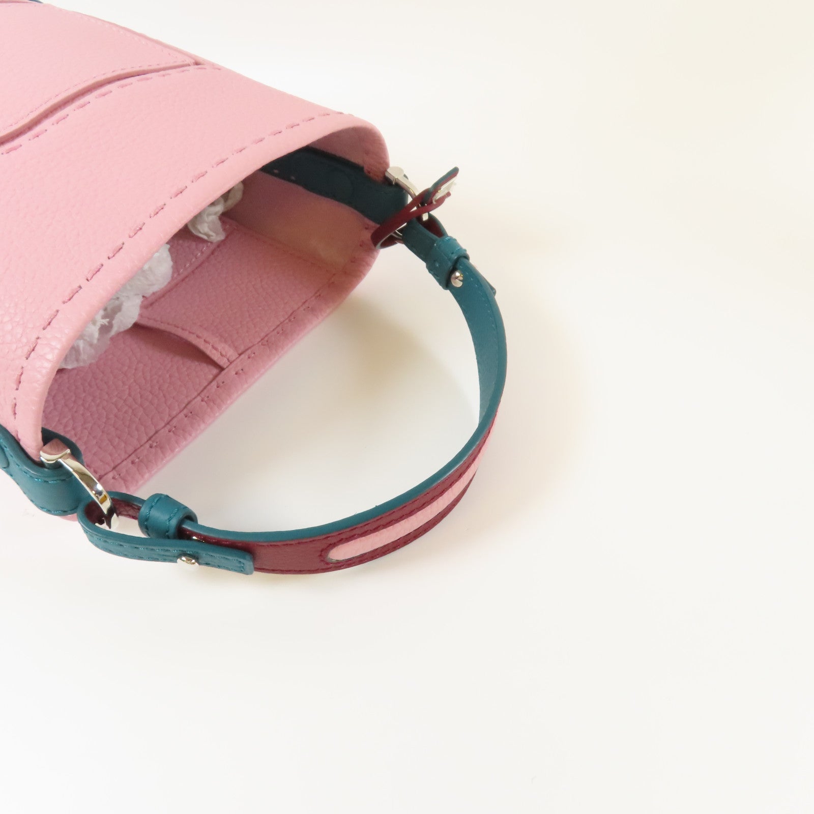 Delvaux Taurillon皮革Pin Mini Bucket銀扣手挽袋粉紅色/綠色