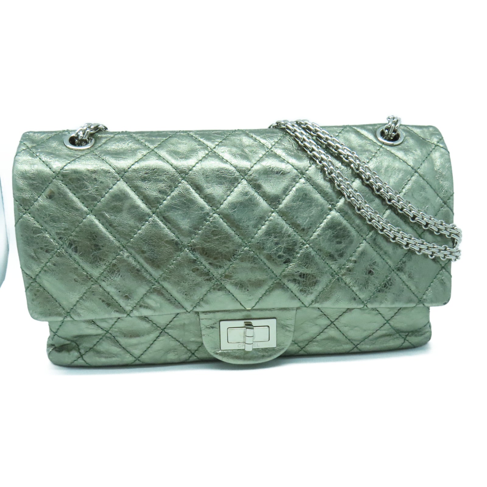 CHANEL 菱格牛皮2.55 Chain Shoulder Bag银扣链带肩背袋绿色