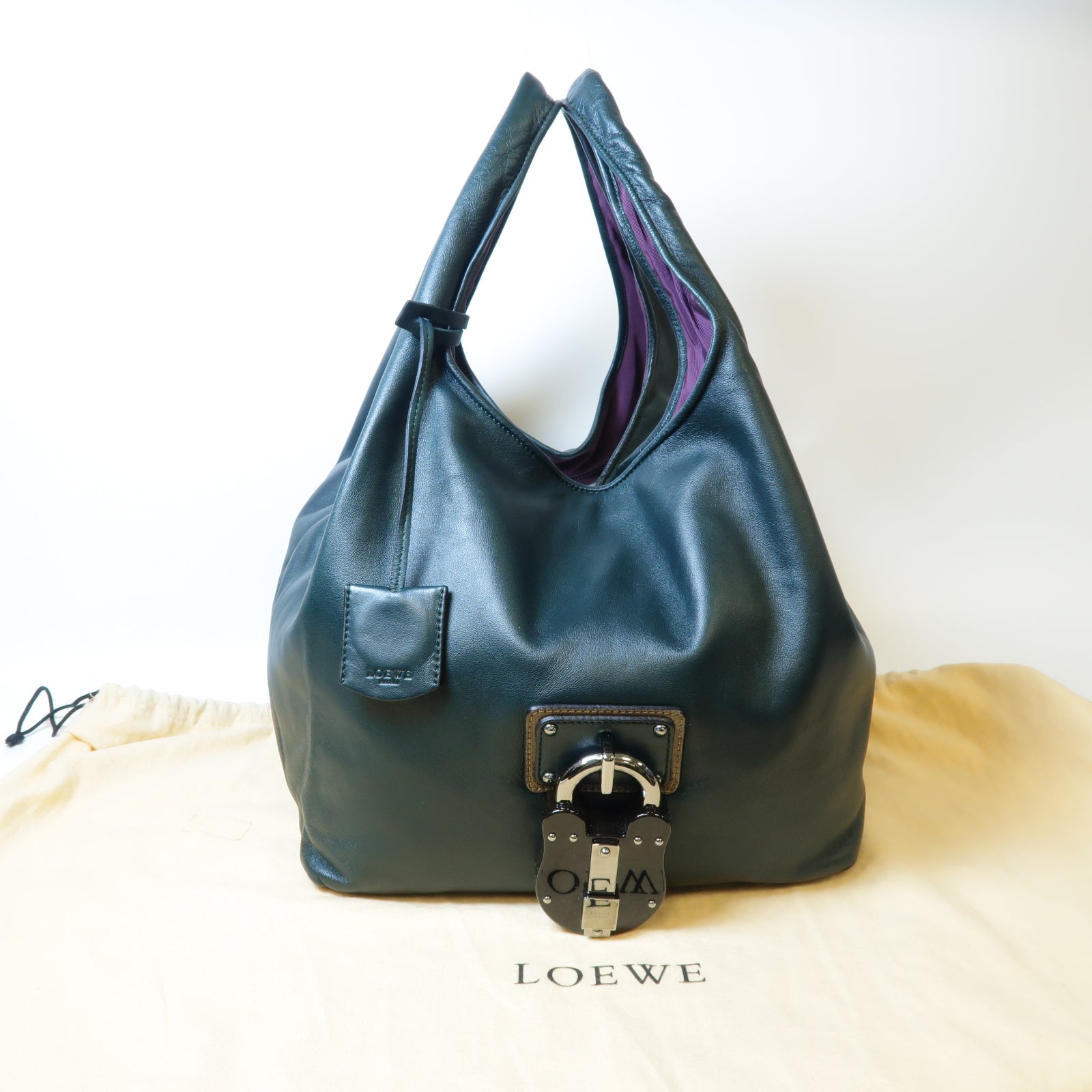LOEWE 羊皮皮革Handbag銀扣手挽袋深綠色