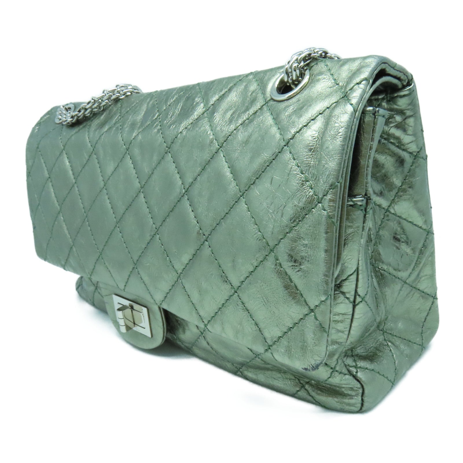 CHANEL 菱格牛皮2.55 Chain Shoulder Bag银扣链带肩背袋绿色