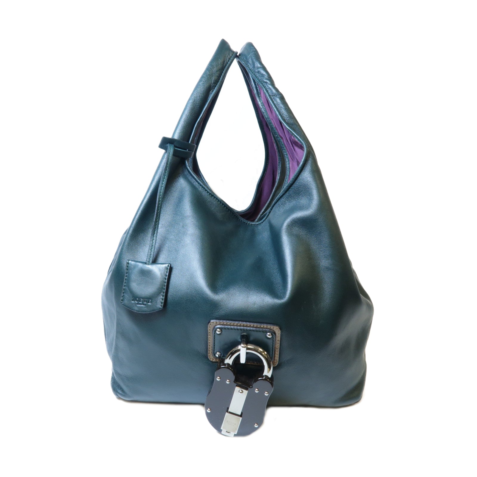 LOEWE 羊皮皮革Handbag銀扣手挽袋深綠色