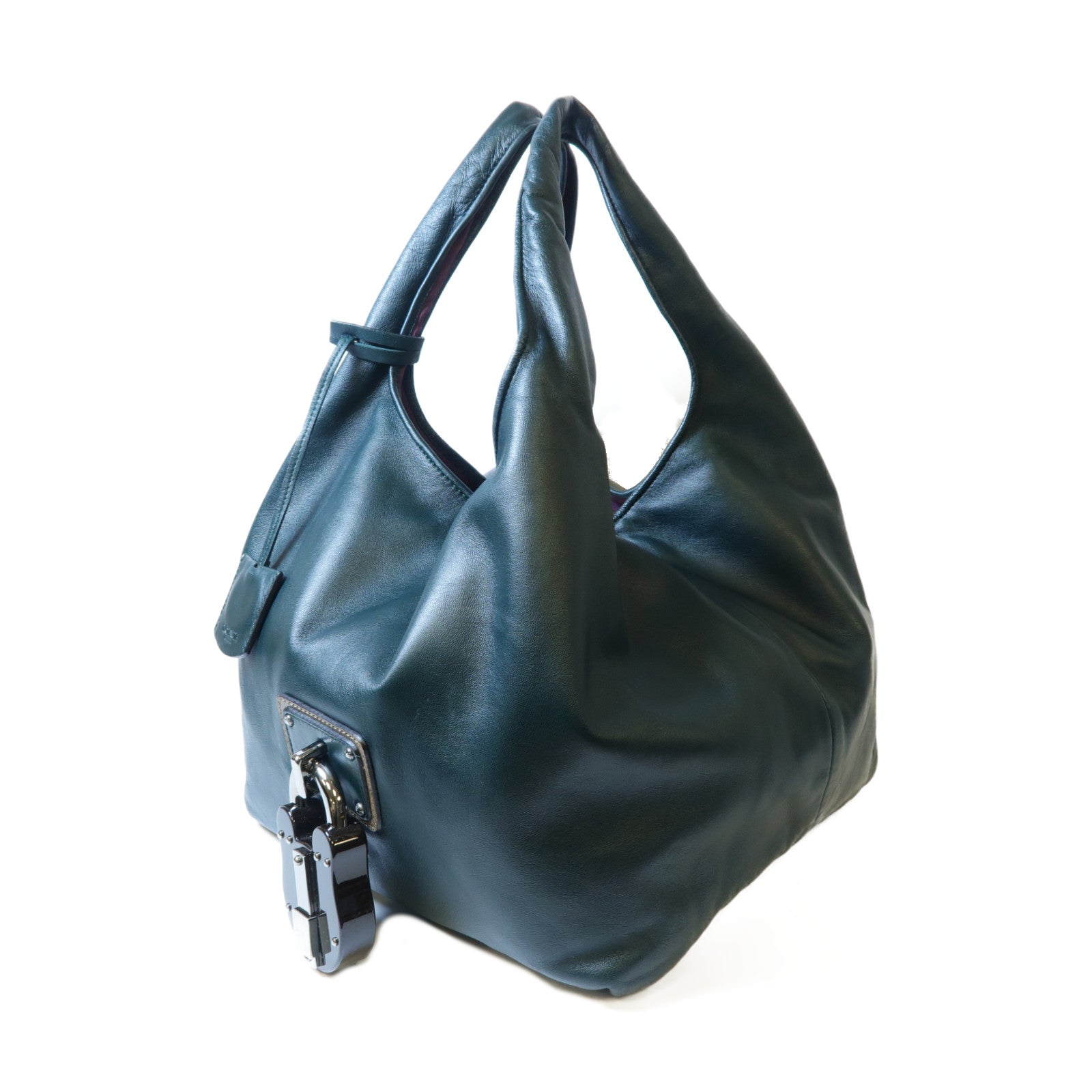 LOEWE 羊皮皮革Handbag銀扣手挽袋深綠色