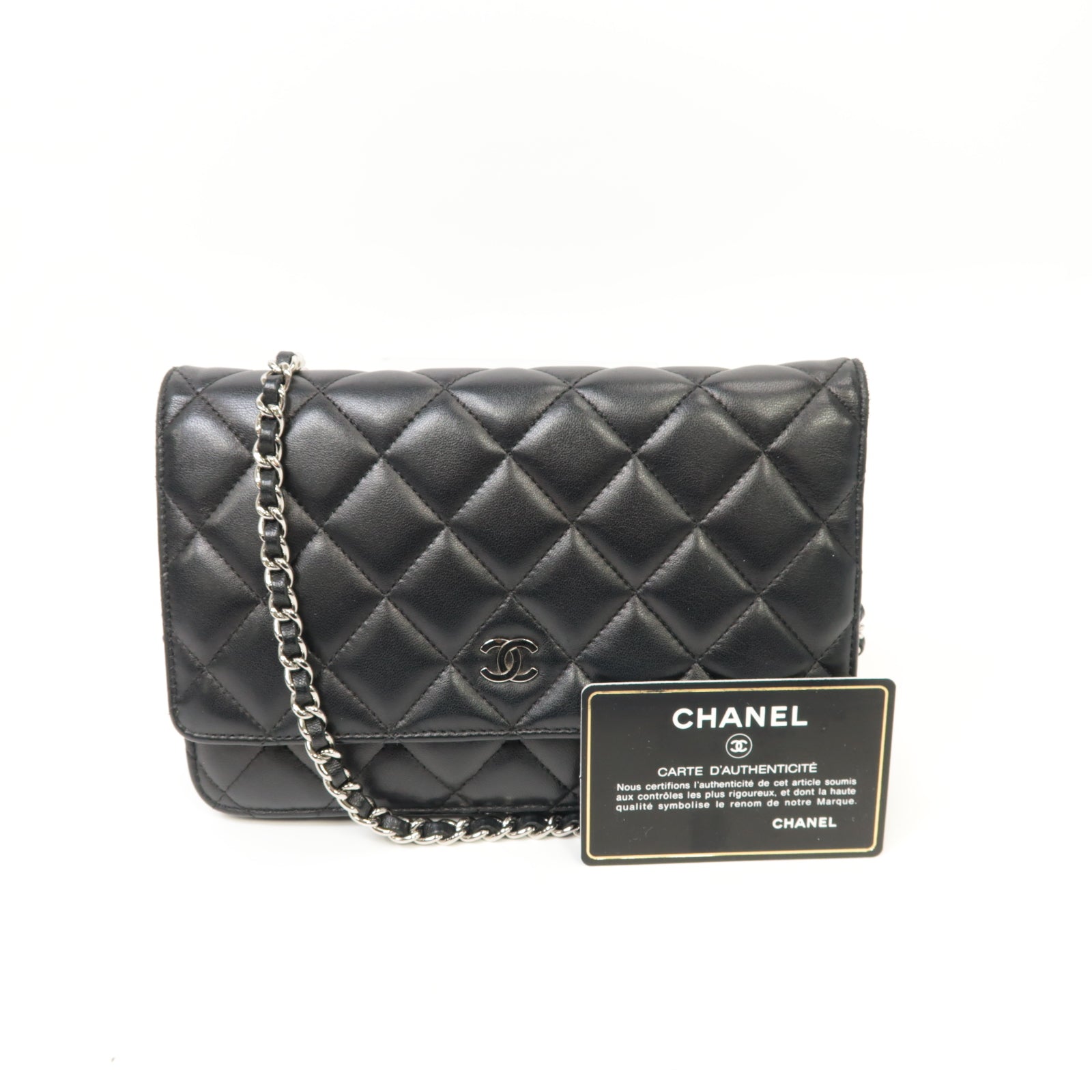CHANEL 菱格羊皮皮革WOC Chain Shoulder Bag銀扣鏈帶肩背袋黒色