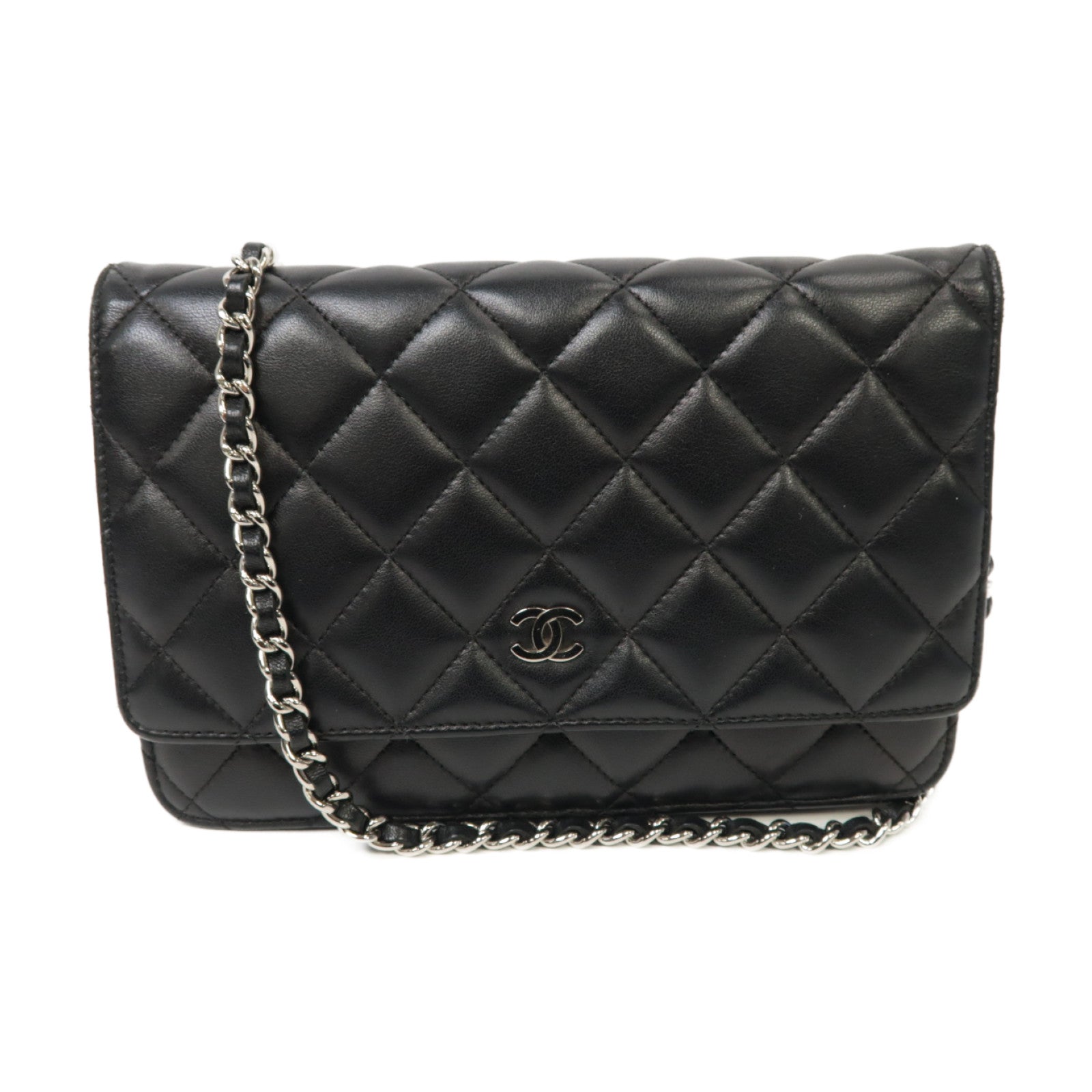 CHANEL 菱格羊皮皮革WOC Chain Shoulder Bag銀扣鏈帶肩背袋黒色