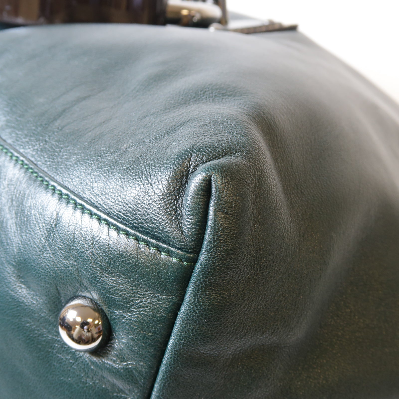 LOEWE 羊皮皮革Handbag銀扣手挽袋深綠色
