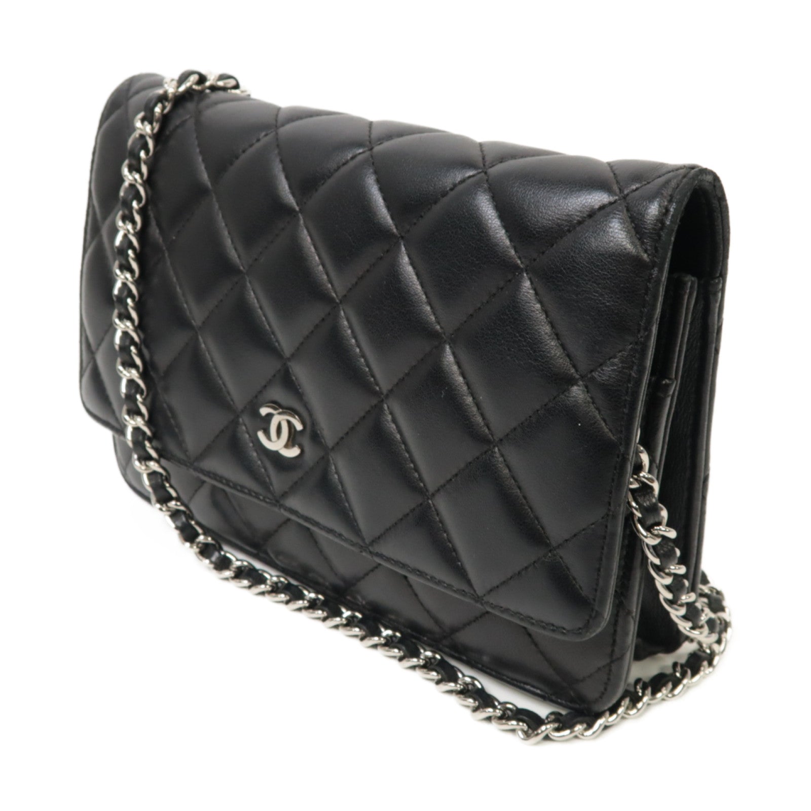 CHANEL 菱格羊皮皮革WOC Chain Shoulder Bag銀扣鏈帶肩背袋黒色