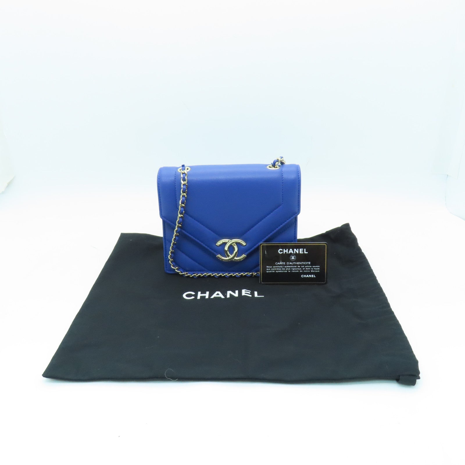 CHANEL 斜紋羊皮皮革Chain Shoulder Bag金扣鏈帶肩背袋藍色
