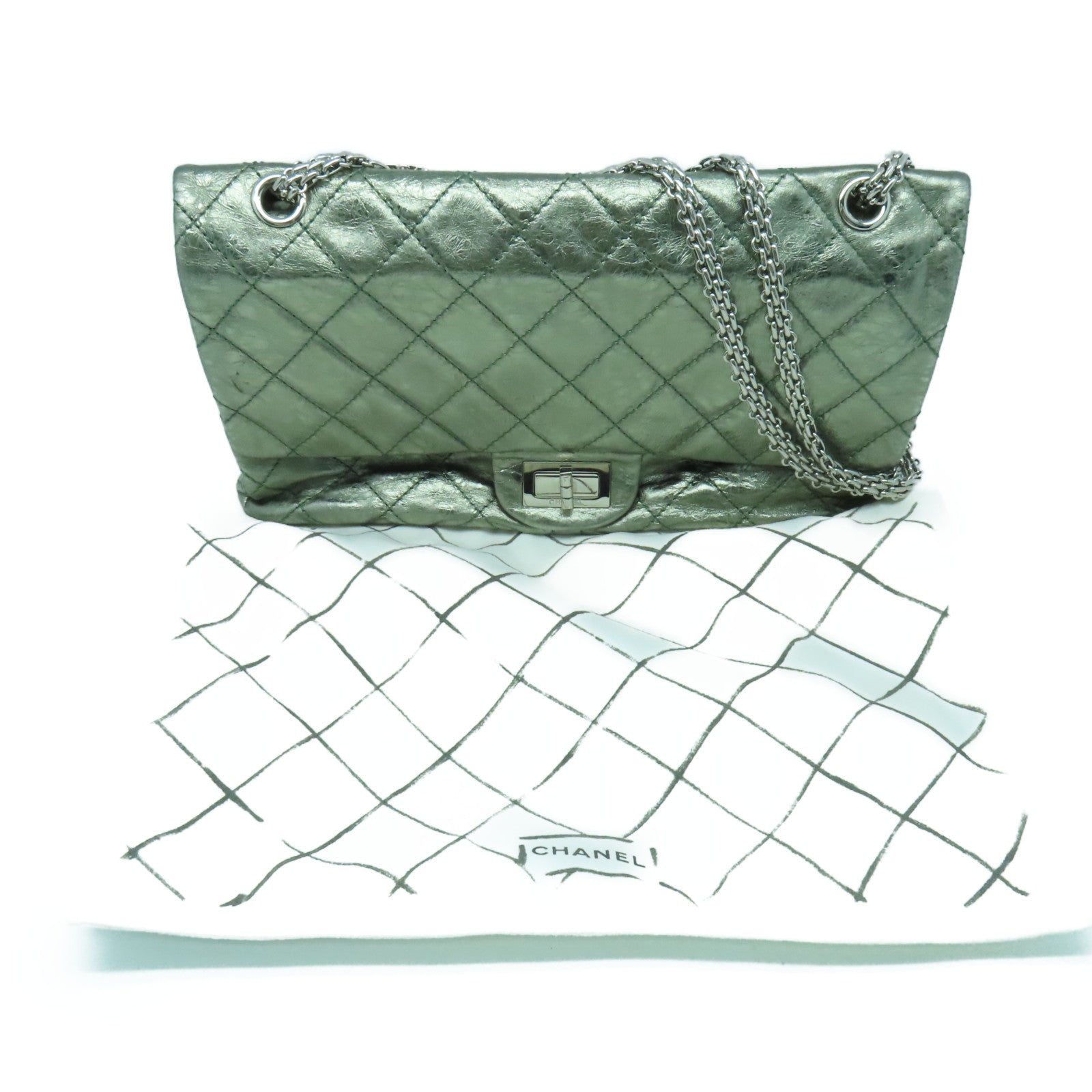 CHANEL 菱格牛皮2.55 Chain Shoulder Bag银扣链带肩背袋绿色