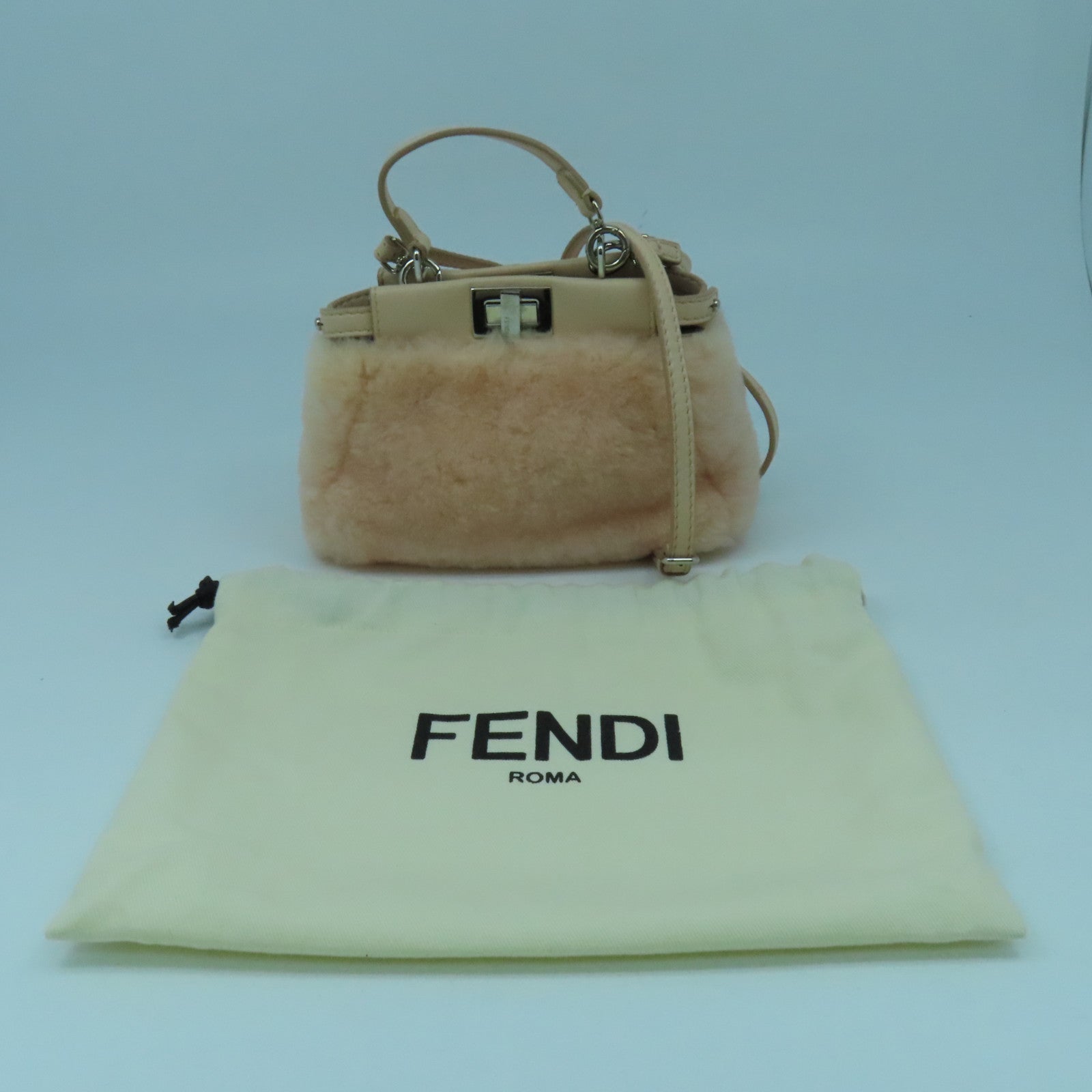 FENDI 毛茸/皮革Peekaboo Micro Shoulder Bag銀扣肩背袋粉紅色