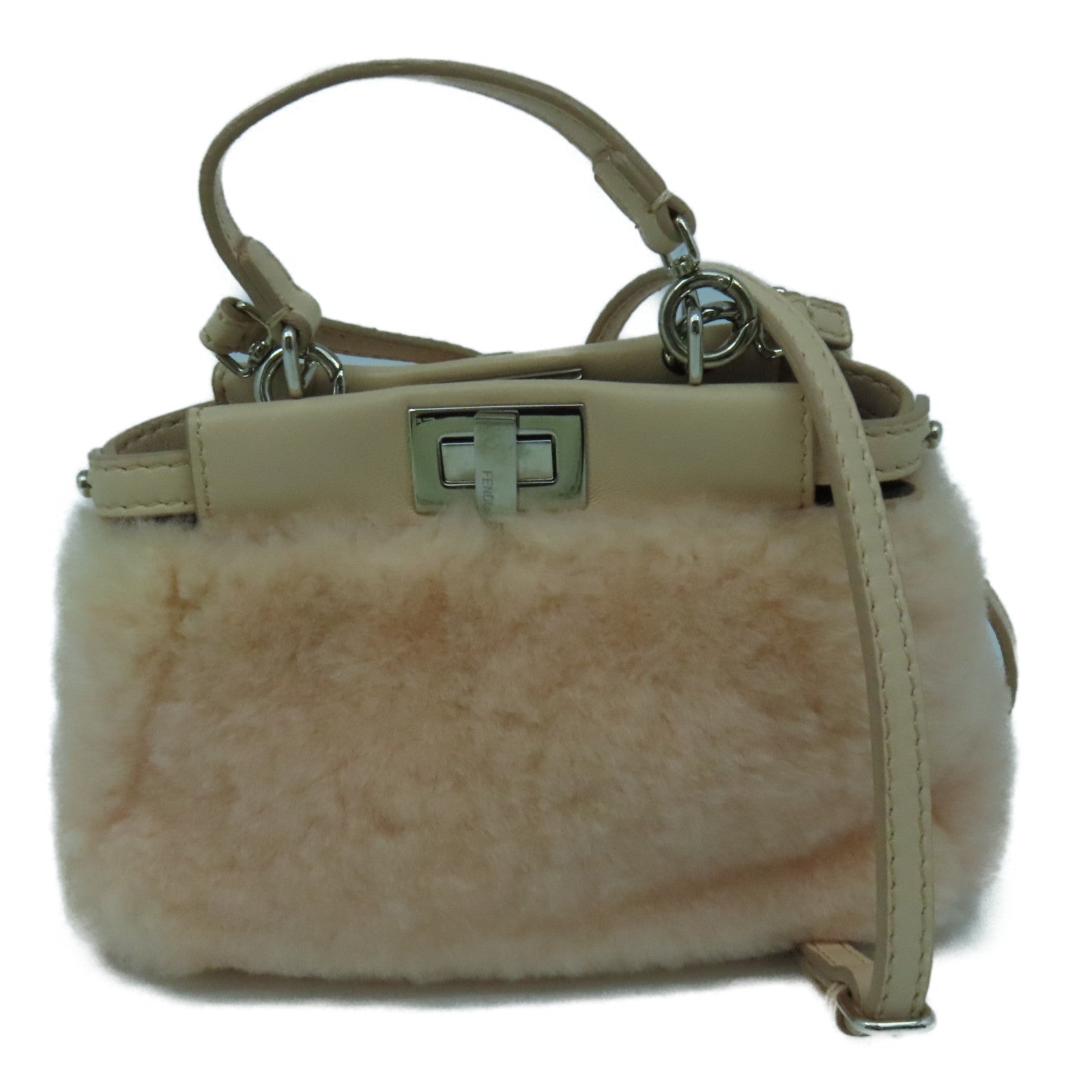 FENDI 毛茸/皮革Peekaboo Micro Shoulder Bag銀扣肩背袋粉紅色